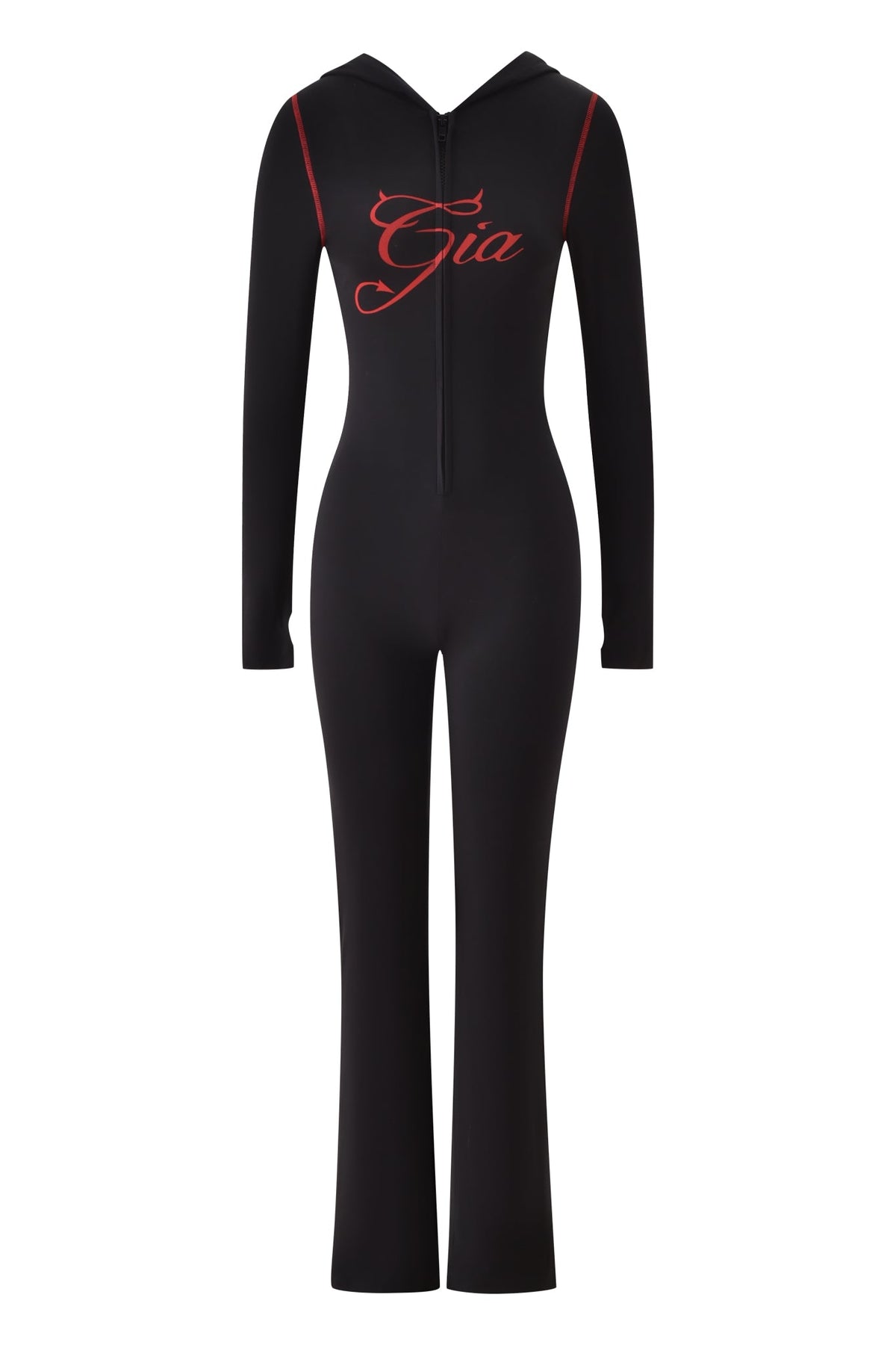 The BLARE HORN JUMPSUIT - BLACK by I.AM.GIA features a devil horn hood, red stitching, zipper front, and bold “Gia” cursive text across the chest.