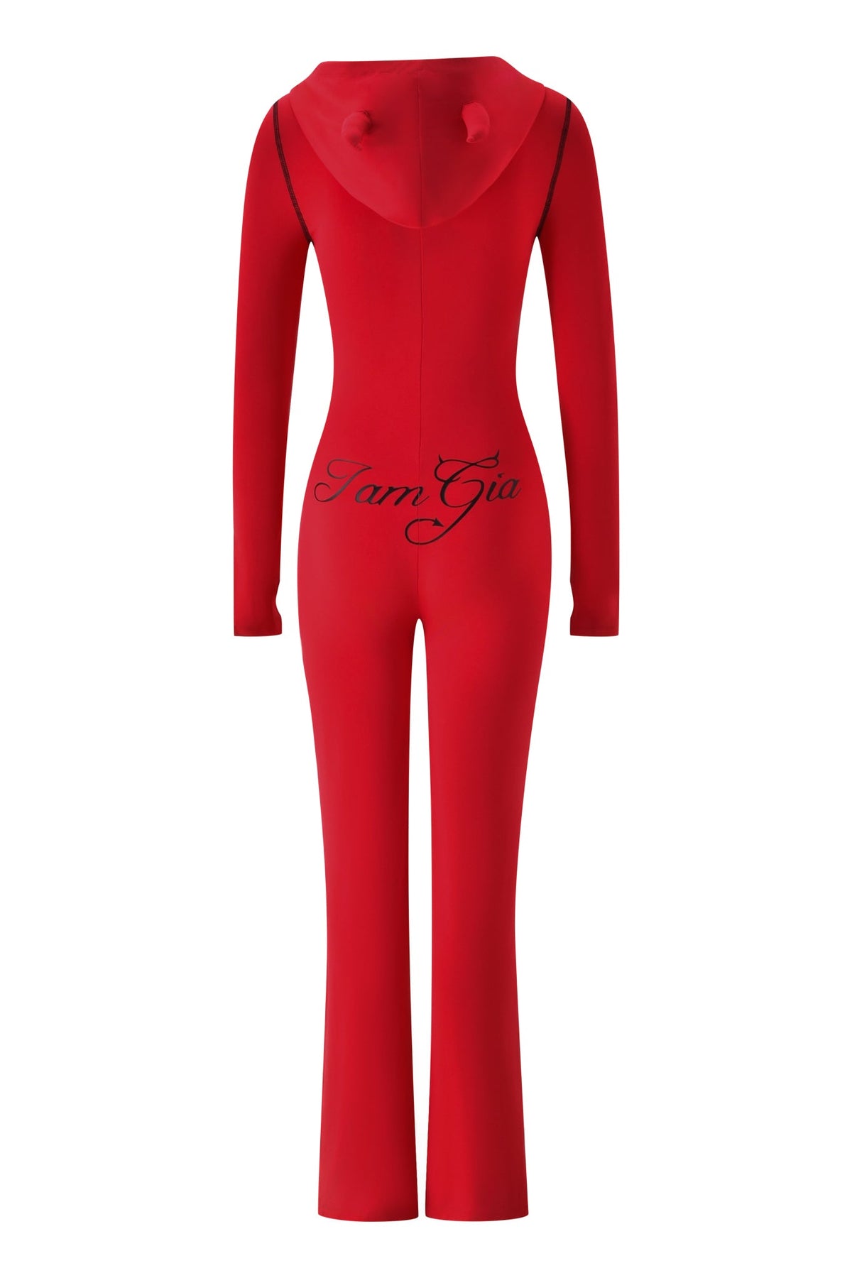 The BLARE HORN JUMPSUIT - RED by I.AM.GIA features a red hood with small devil horns, long sleeves, and “IamGia” in black script on the lower back. Shown here from the back.