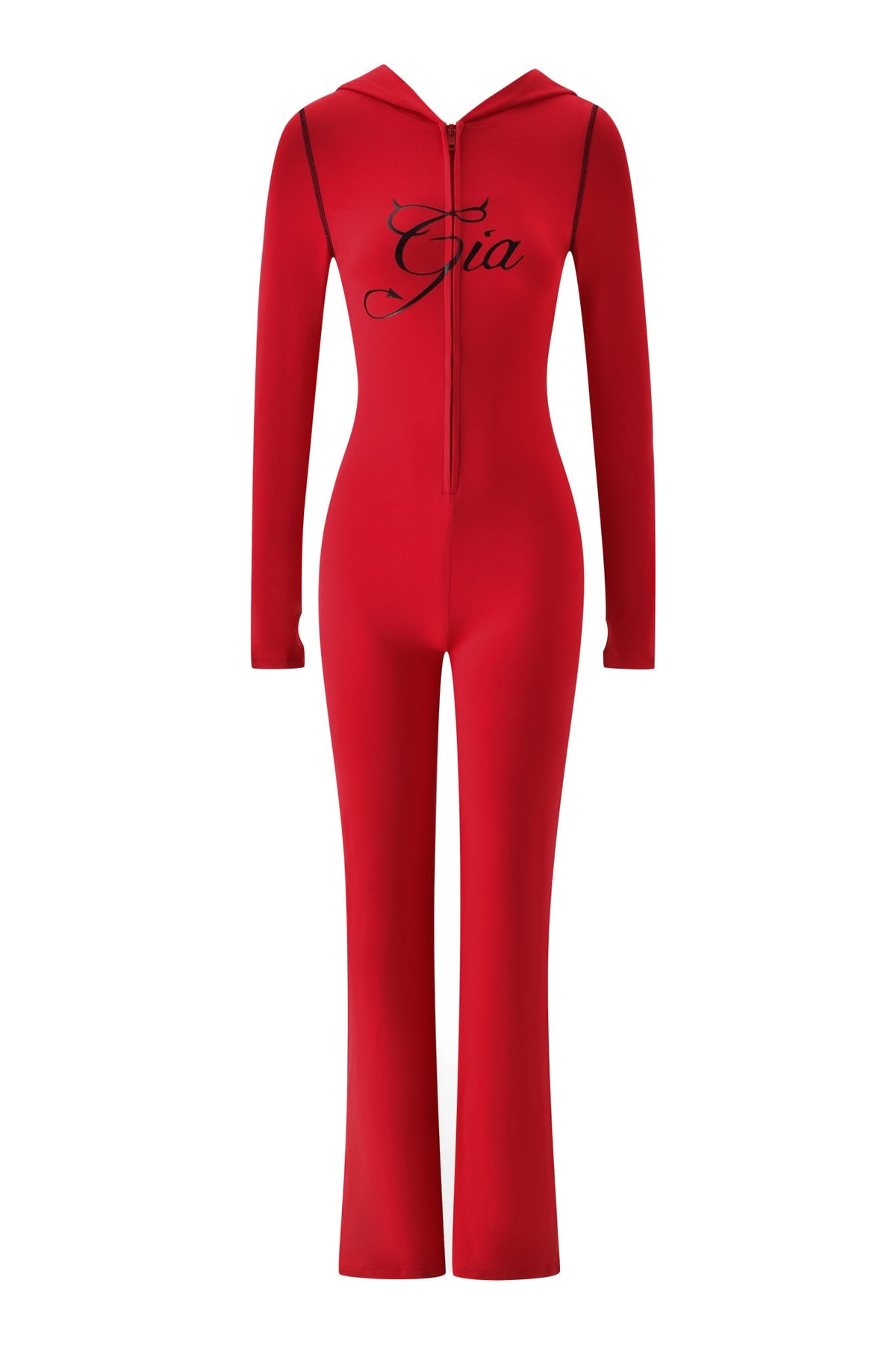 The BLARE HORN JUMPSUIT - RED by I.AM.GIA features long sleeves, a front zipper, “Gia” in black cursive on the chest, and a devil horn hood for a bold, standout look.