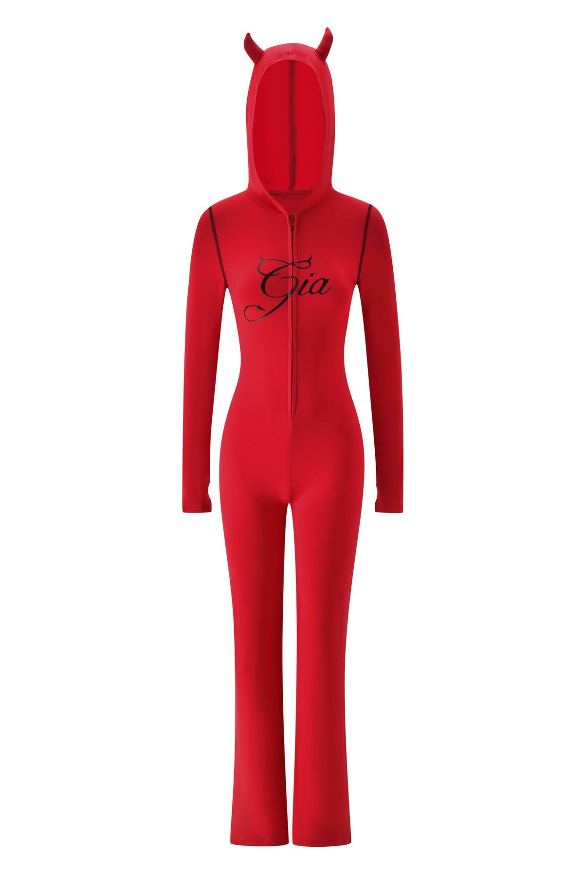 The BLARE HORN JUMPSUIT - RED by I.AM.GIA features a devil horn hood, “Gia” script on the chest, long sleeves, front zipper, and flared legs.