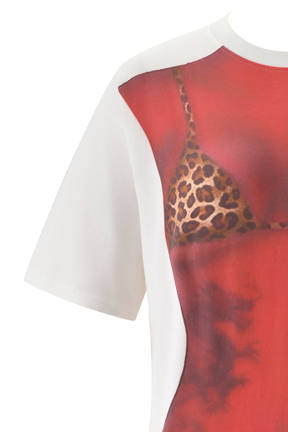 T-REX SPRAY BODY OVERSIZED TEE - WHITE by I.AM.GIA: Y2K-inspired, oversized white tee with a bold red swimsuit body and leopard print bikini top graphic covering the front.