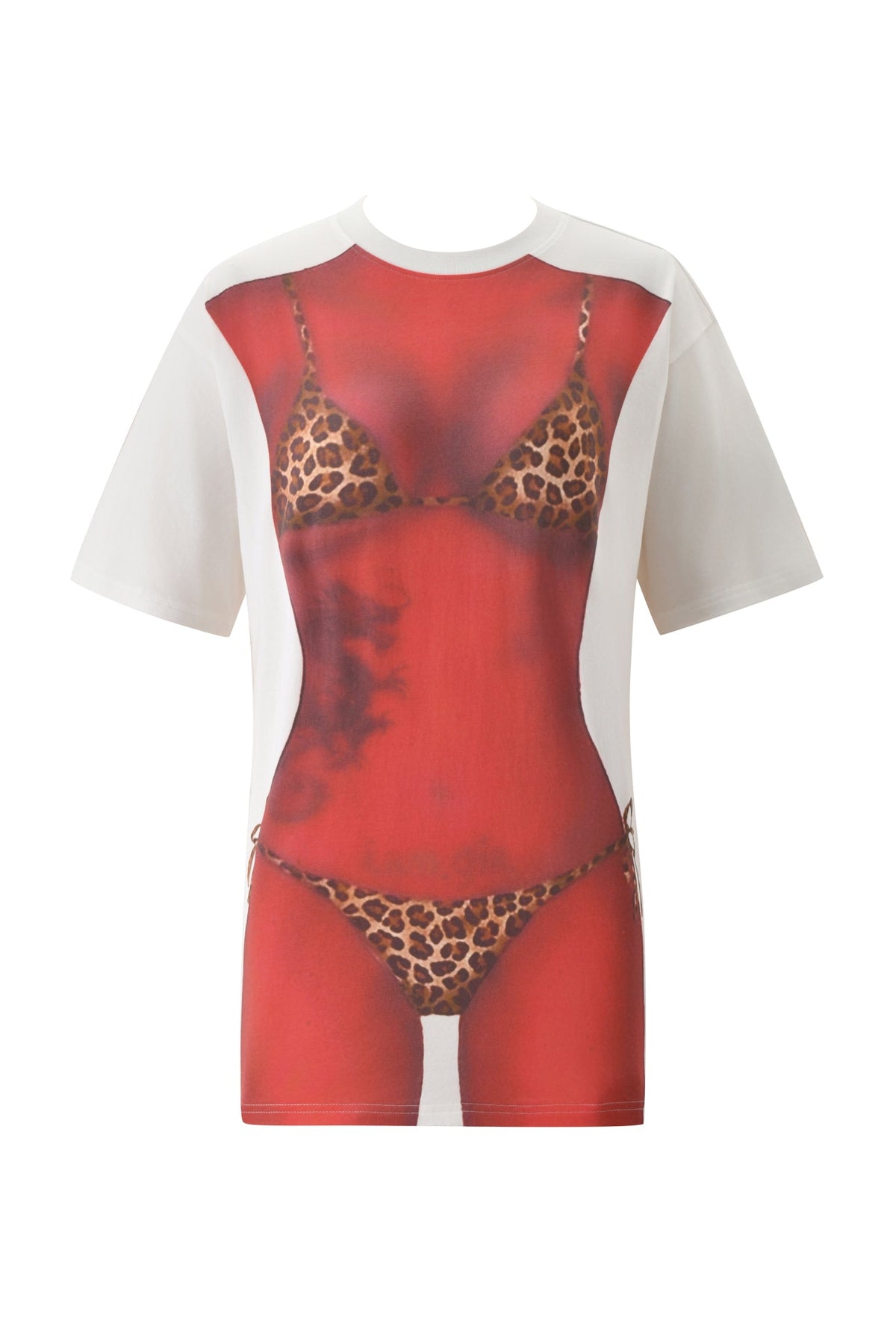 The T-REX SPRAY BODY OVERSIZED TEE - WHITE by I.AM.GIA features a bold printed torso in a leopard bikini for a playful, Y2K-inspired look—perfect for fans of statement graphic tees.