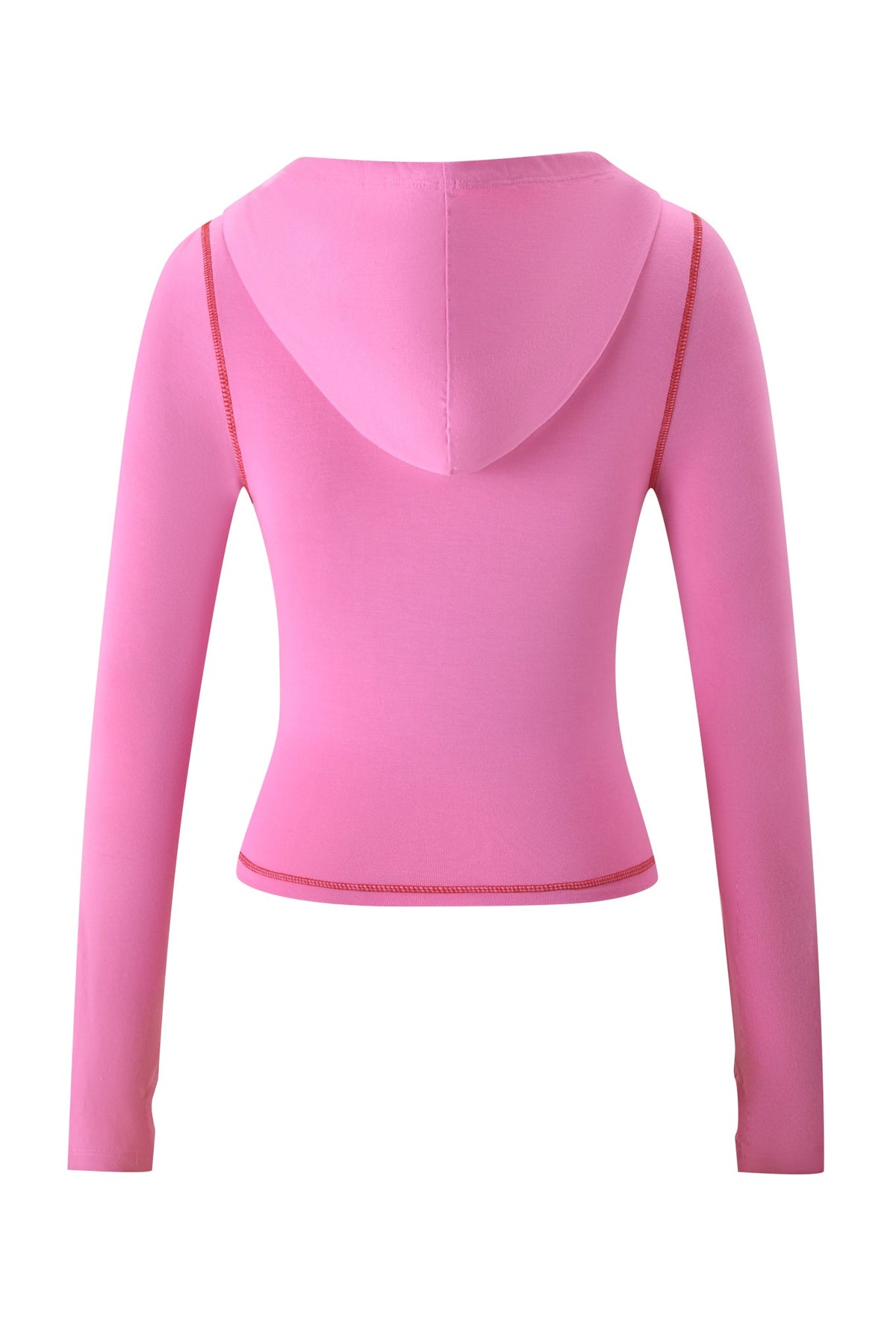 A back view of the T-REX SPRAY BODY BLARE HOODIE - PINK by I.AM.GIA, featuring pink bamboo fabric with red stitching, a hood, cropped hem, and long sleeves.