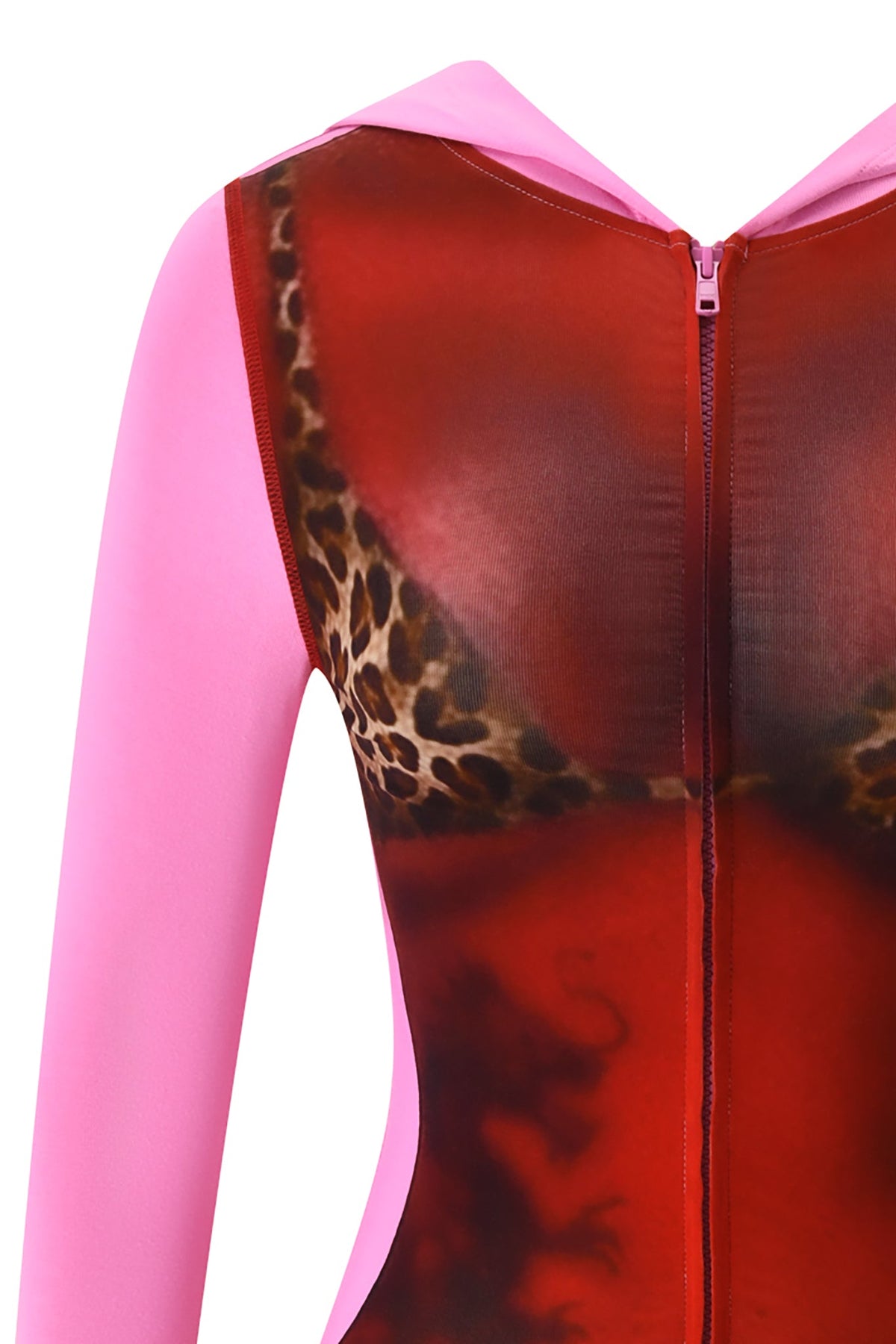 A close-up of the I.AM.GIA T-REX SPRAY BODY BLARE HOODIE - PINK, featuring a front zipper and airbrushed bikini body print with red bra and leopard print trim.