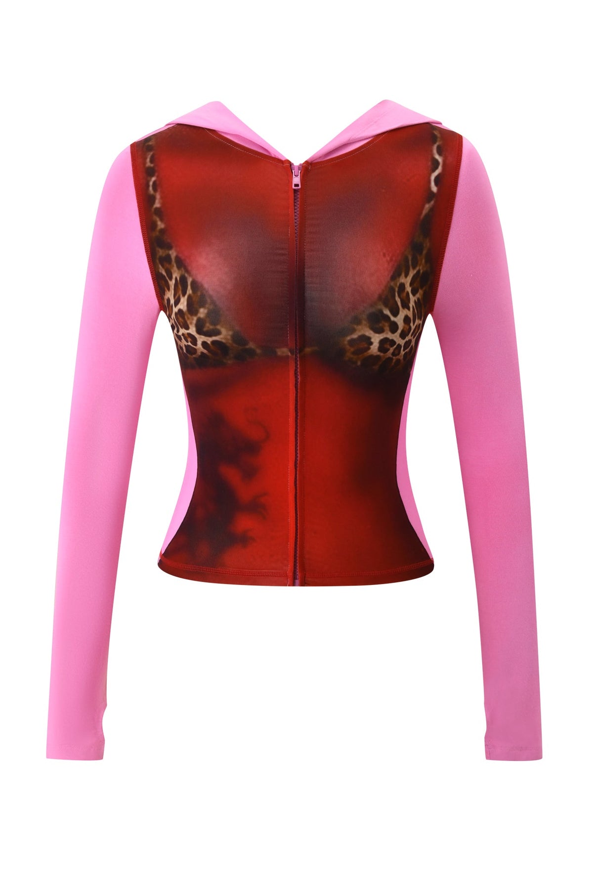The I.AM.GIA T-REX SPRAY BODY BLARE HOODIE - PINK features long sleeves and a zip-up front with a red top and leopard-print bra airbrushed design for a fun, optical illusion effect.