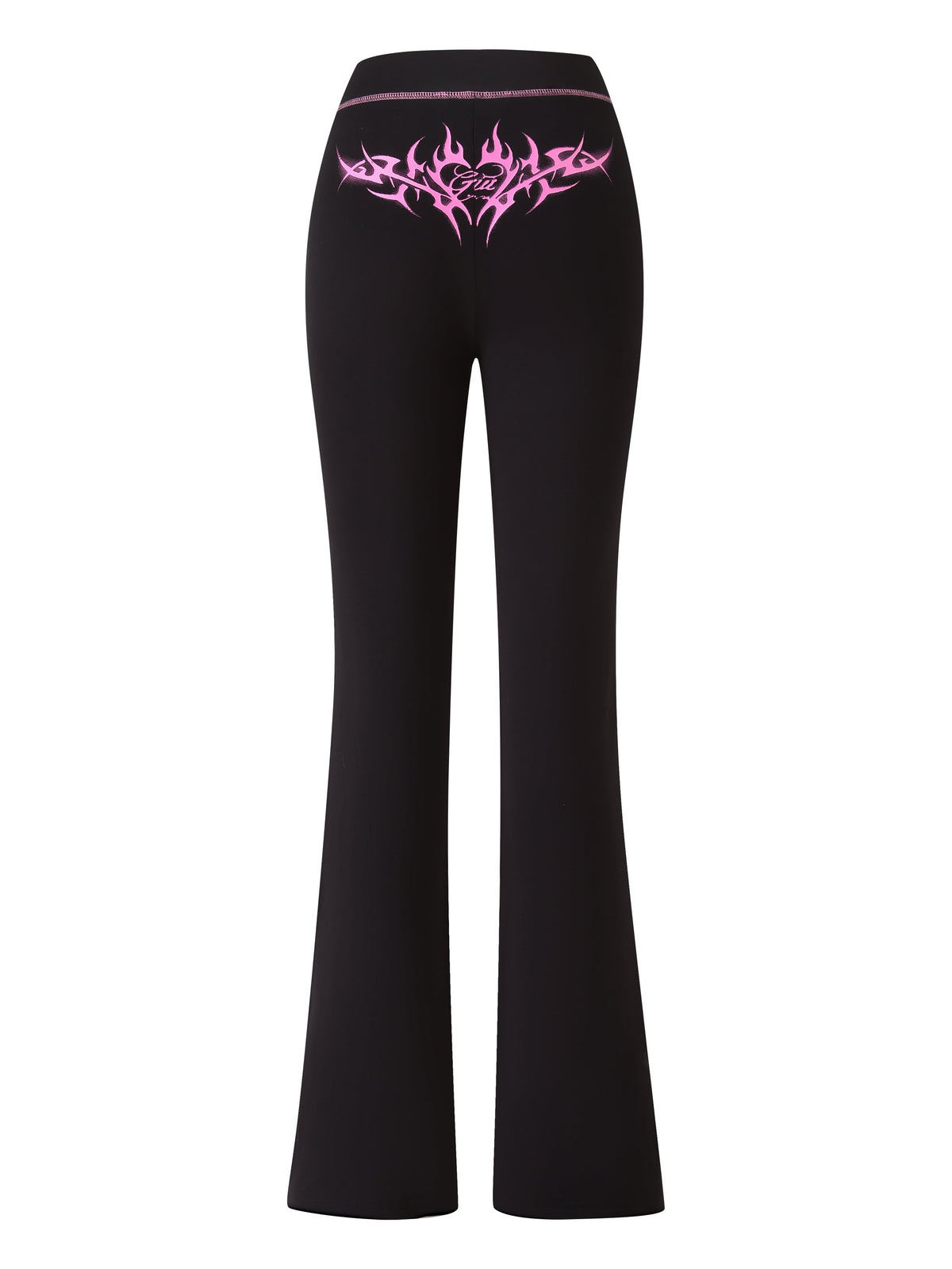 The T-REX SPRAY BODY BLARE TRACKPANT - BLACK by I.AM.GIA features bold pink tribal flames and stylized lettering across the back—perfect for standout airport looks.