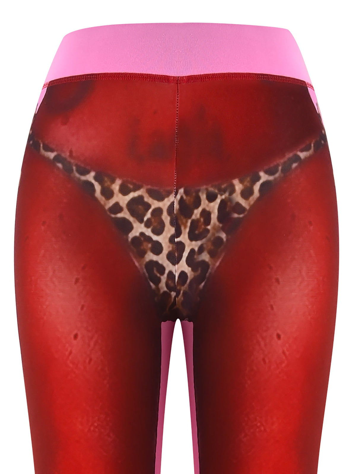 A close-up of I.AM.GIA’s T-REX SPRAY BODY BLARE TRACKPANT - PINK shows airbrushed red skin and leopard thong graphics for a striking optical illusion.