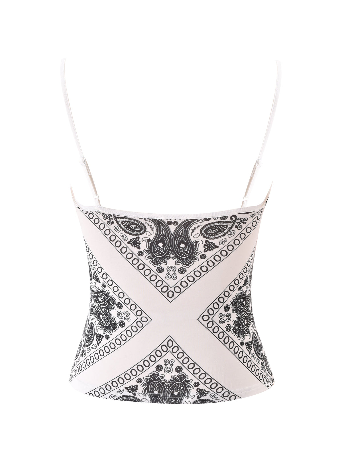 The T-REX TANK - PAISLEY FACE by I.AM.GIA is a white crop tank with a black paisley placement print, bold geometric shapes, and intricate detailing. Shown from the back on a plain background.