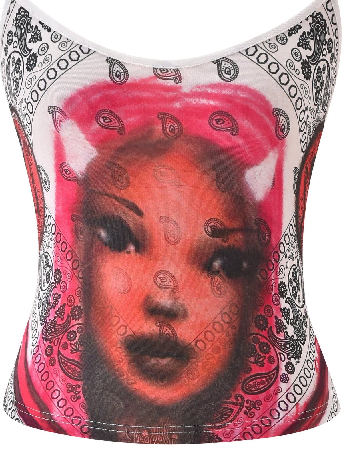 A close-up of the T-REX TANK - PAISLEY FACE by I.AM.GIA, a white cropped camisole featuring a bold illustration of a woman’s face with pink hair, cat-like ears, and paisley bandana details.