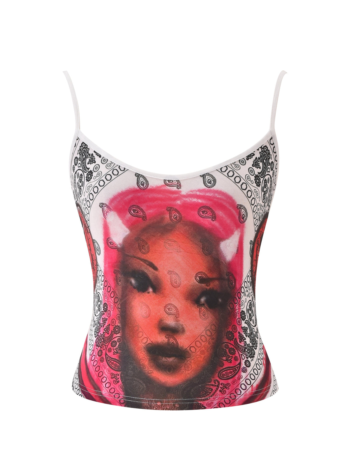 The I.AM.GIA T-REX TANK - PAISLEY FACE is a cropped, white spaghetti strap camisole featuring a black and white paisley print with a bold graphic of a woman’s pink hair and cat ears on the front.