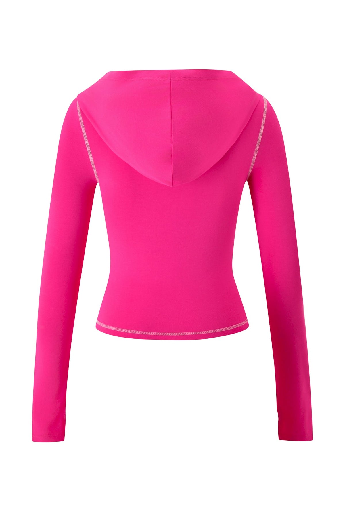 A vibrant hot pink BLARE HOODIE - HOT PINK SCREAM QUEEN by I.AM.GIA, featuring long fitted sleeves, soft bamboo fabric, and white stitching detail, is displayed from the back against a plain background.