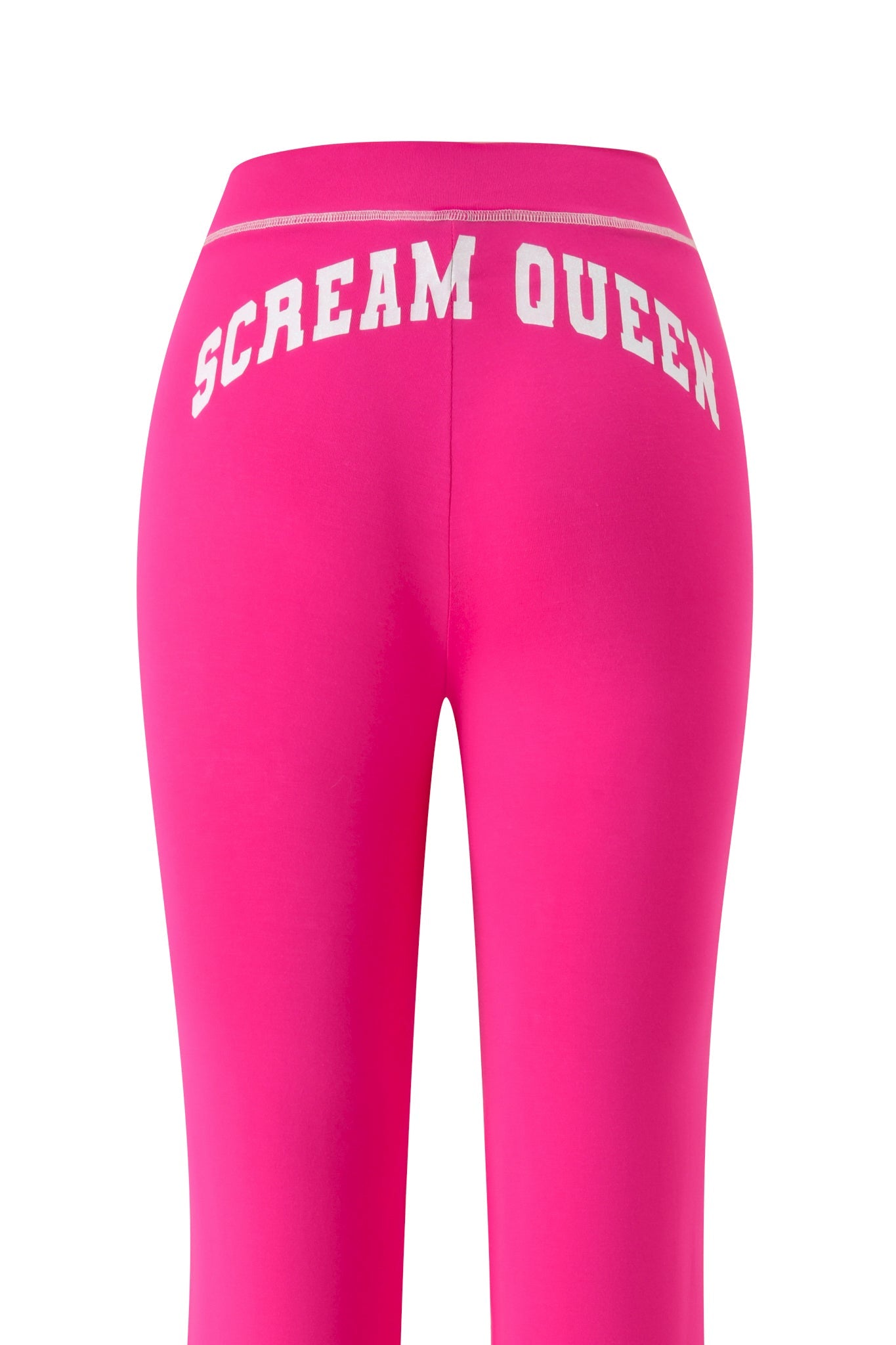 Showcasing the I.AM.GIA BLARE TRACKPANT - HOT PINK SCREAM QUEEN, these vibrant hot pink leggings feature a striking “Scream Queen” graphic in clean white lettering across the back waistband. The image emphasizes the rear view of these Blare Trackpant-inspired leggings set against a simple background.