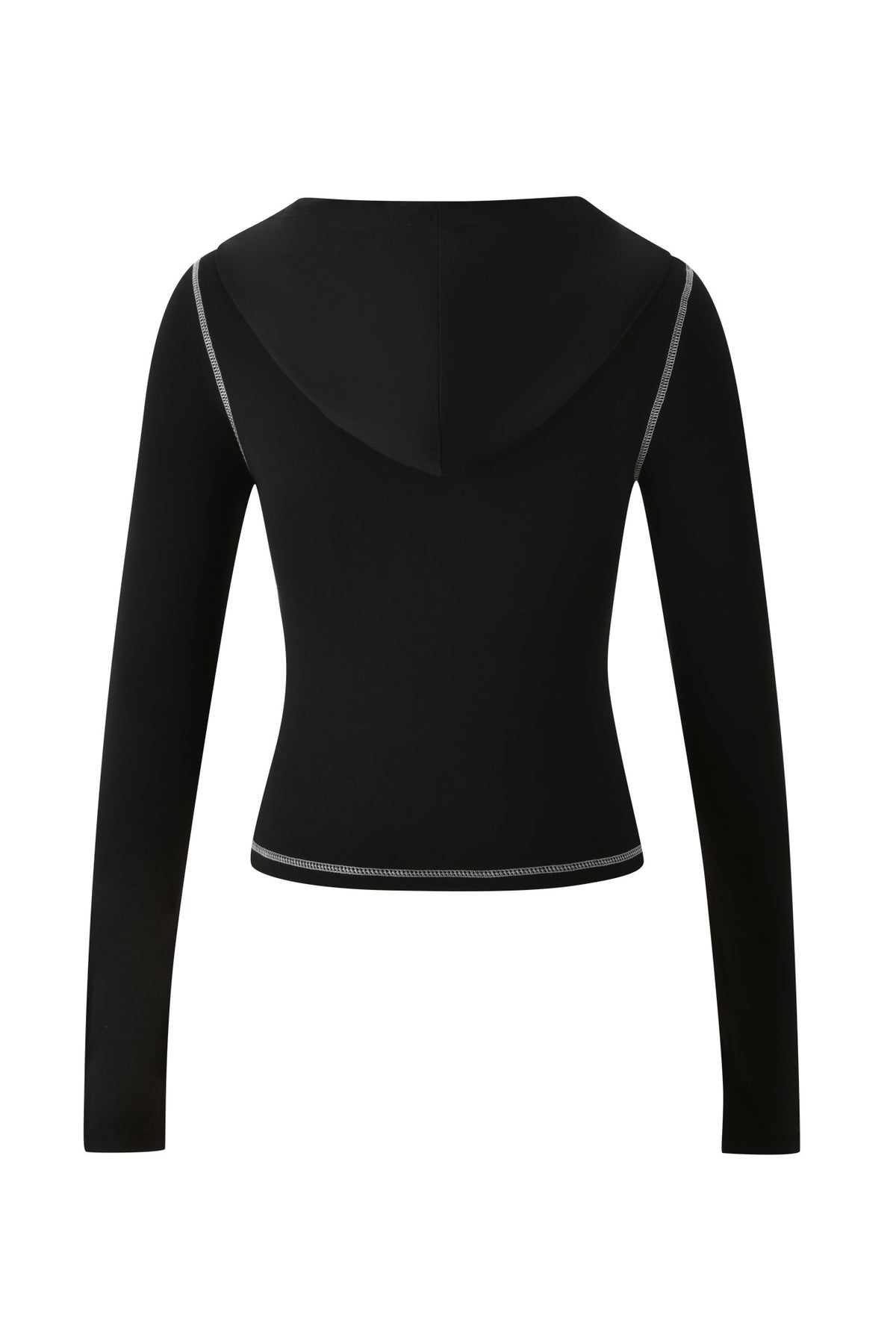 Model wears the BLARE HOODIE - JET BLACK : SECURITY by I.AM.GIA, a black long-sleeve hooded top shown from the back with white contrast stitching along the seams and hem. The design is elevated with a reflective SECURITY logo, all set against a plain white background.