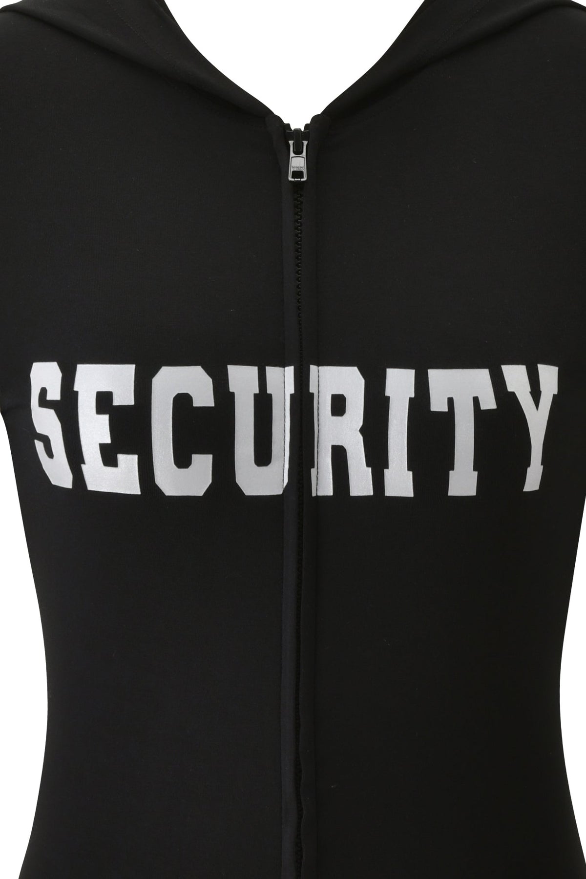 Close-up of the I.AM.GIA BLARE HOODIE - JET BLACK : SECURITY, a black long-sleeve hoodie featuring a bold, reflective SECURITY logo printed in large white capital letters across the chest.