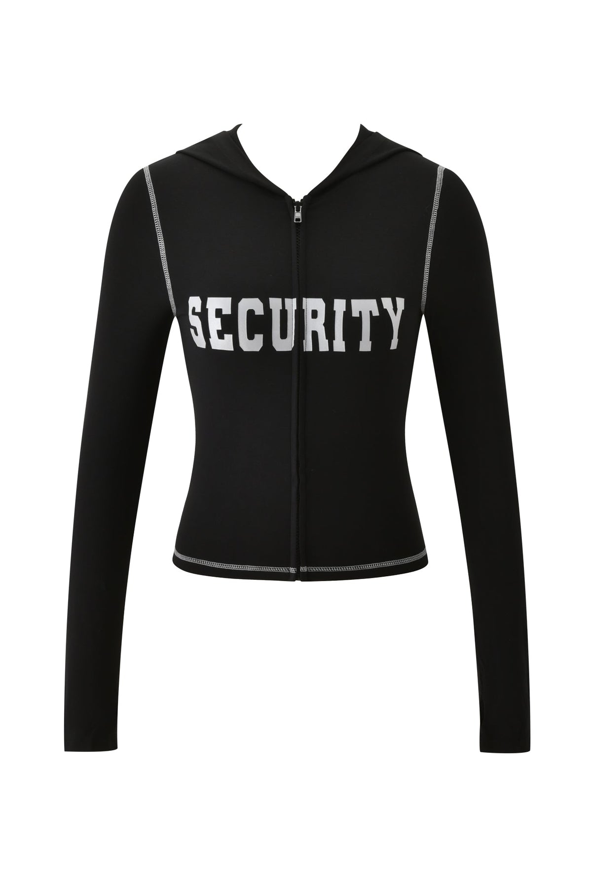 The I.AM.GIA BLARE HOODIE - JET BLACK : SECURITY is a black fitted zip-up hoodie featuring long sleeves and a striking, reflective white SECURITY logo across the chest. This stylish and comfortable piece is perfect for any occasion.