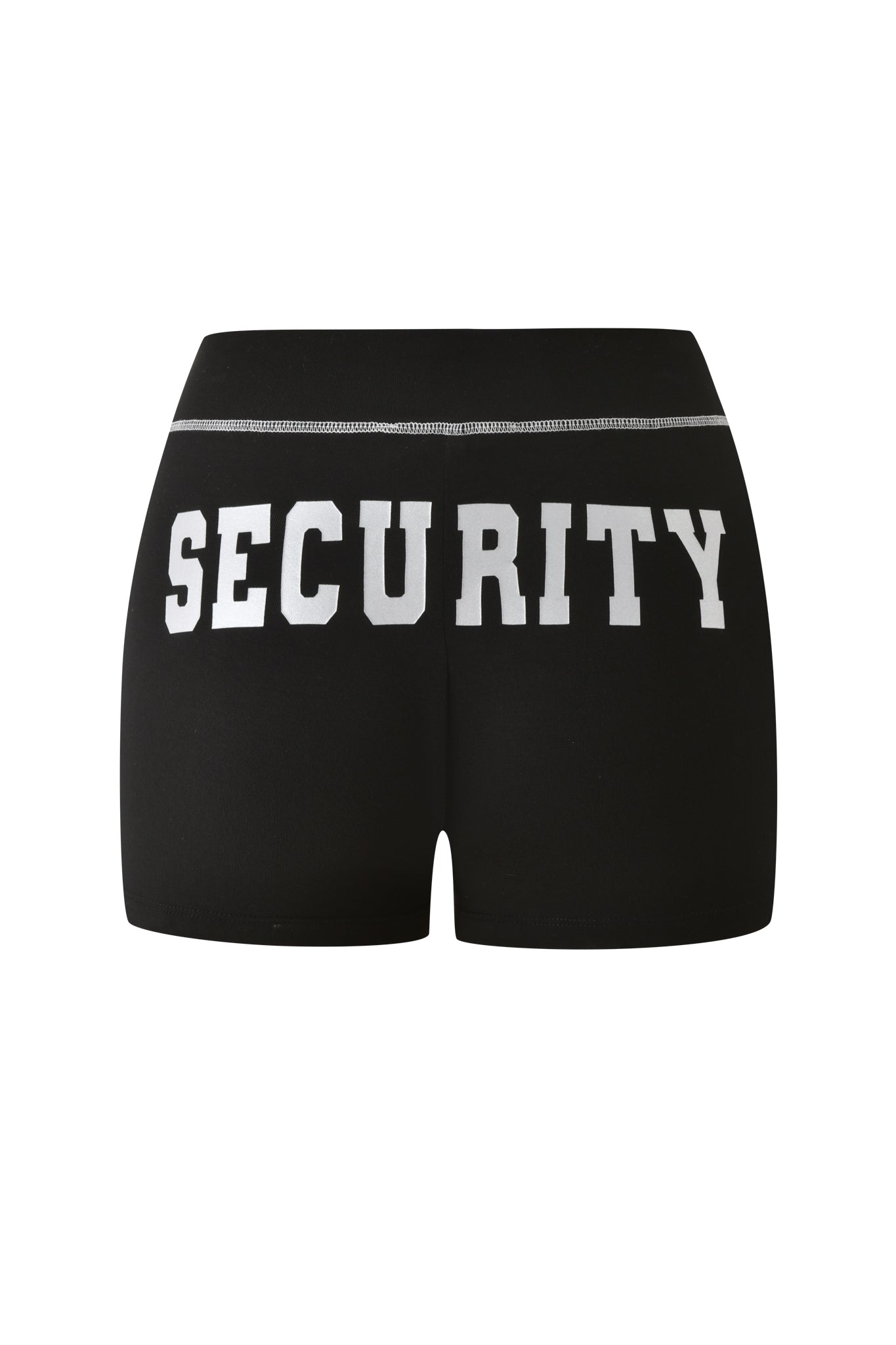I.AM.GIA BLARE SHORT - JET BLACK : SECURITY features a wide elastic waistband and bold, reflective white “SECURITY” lettering across the back.