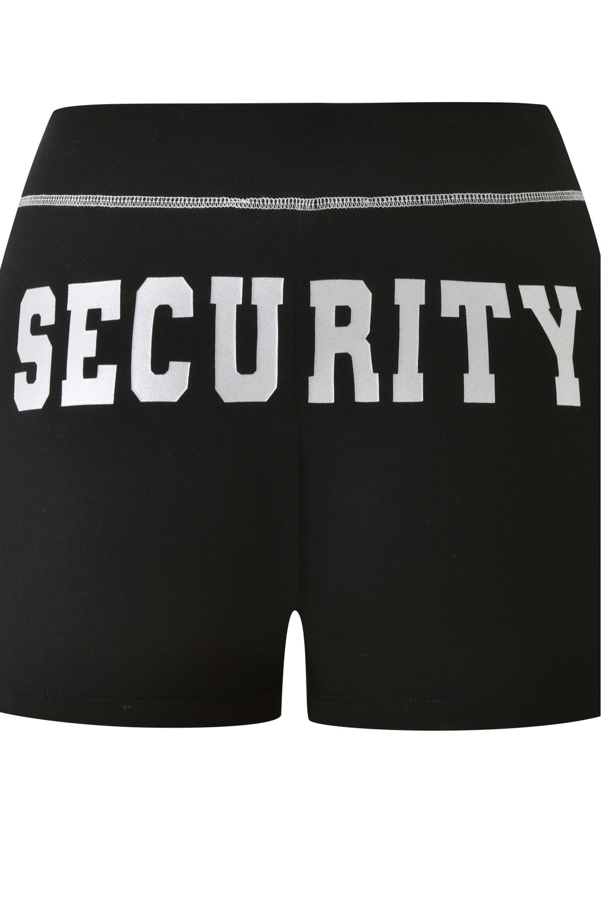The I.AM.GIA BLARE SHORT - JET BLACK : SECURITY features a wide elastic waistband and bold, reflective white “SECURITY” lettering printed across the back.