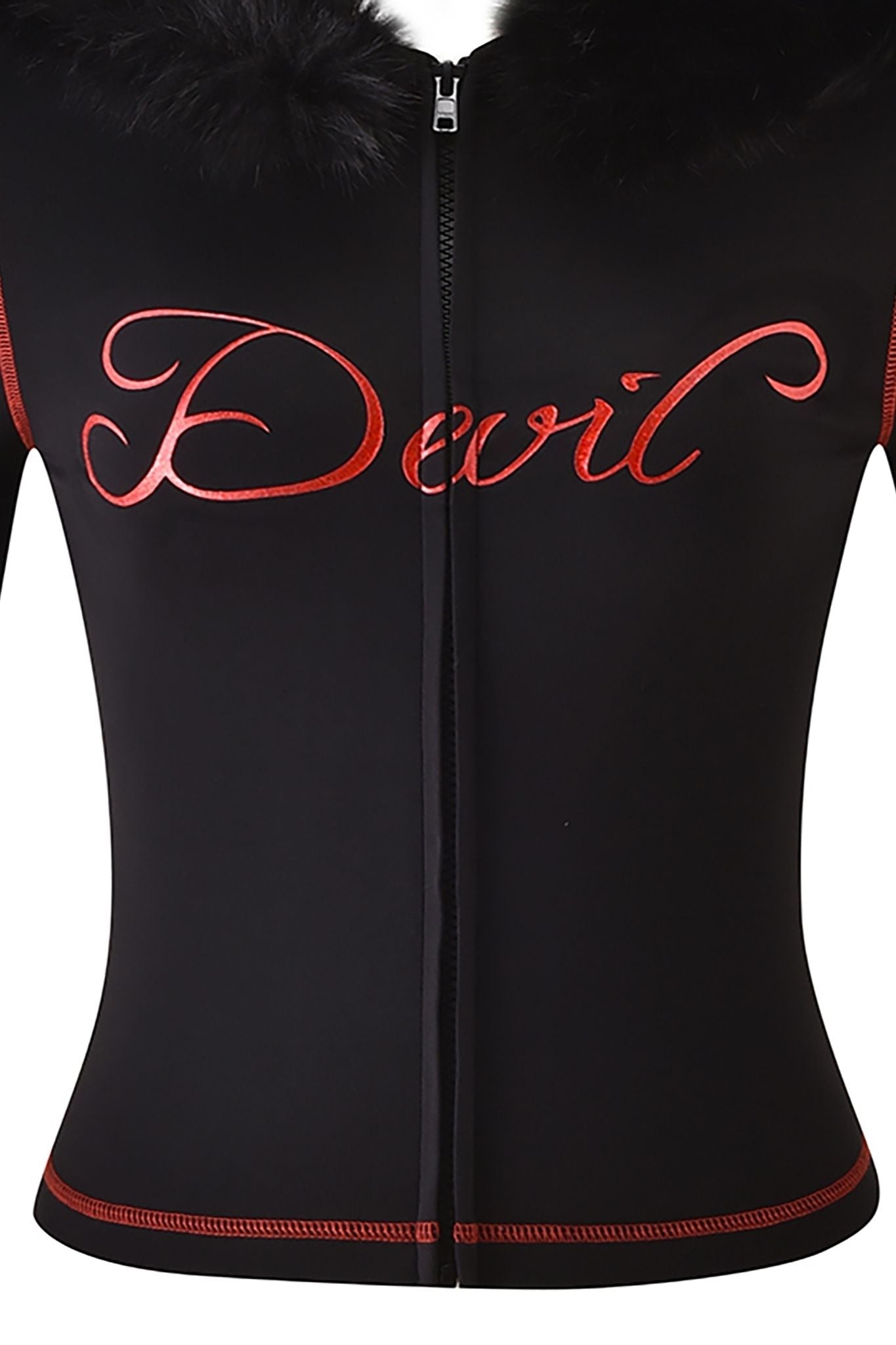 The I.AM.GIA BLARE FUR TRIM HOODIE - BLACK features a bold red cursive “Devil” graphic across the chest, a cozy faux fur collar, and striking red trim for an edgy addition to your wardrobe.