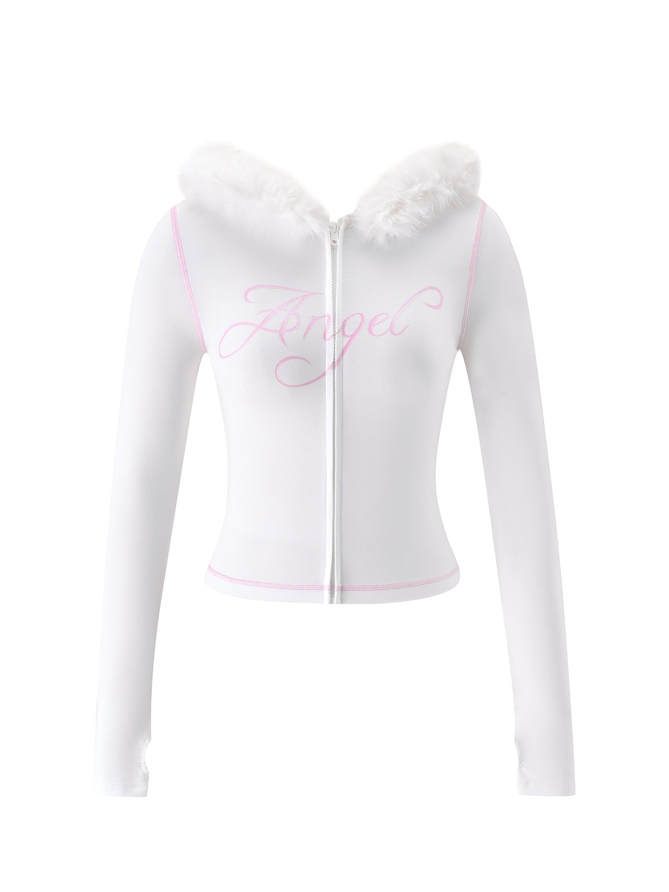 The BLARE FUR TRIM HOODIE - WHITE by I.AM.GIA is a white zip-up hoodie featuring a furry hood and fur trim. “Angel” is written in pink cursive across the chest, and this cropped, fitted hoodie includes long sleeves for a cozy yet stylish look.