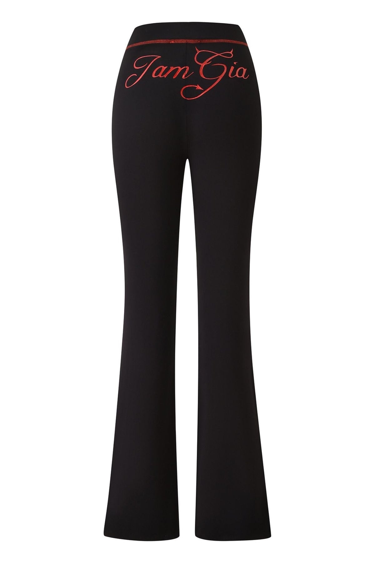 Crafted from soft bamboo fabric, the BLARE TRACKPANT - JET BLACK : DEVIL by I.AM.GIA features a flared silhouette viewed from the back, with bold “I.AM.GIA” lettering in large, cursive red script across the waistband and upper hip. These trackpants are finished with the signature black devil GIA logo for an edgy touch.
