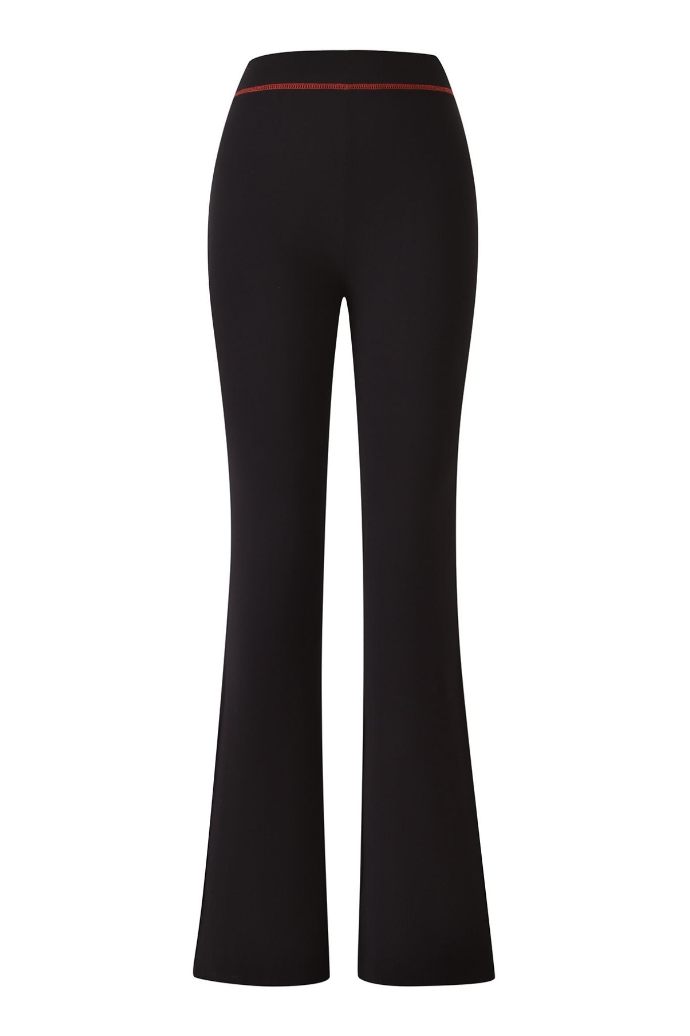 Viewed from the back, the BLARE TRACKPANT - JET BLACK : DEVIL by I.AM.GIA showcases a high-waisted silhouette with a subtle red stitched detail accenting the waistband. Crafted from soft bamboo fabrication, these trackpants offer a smooth, fitted look through the hips and thighs before elegantly flaring out.