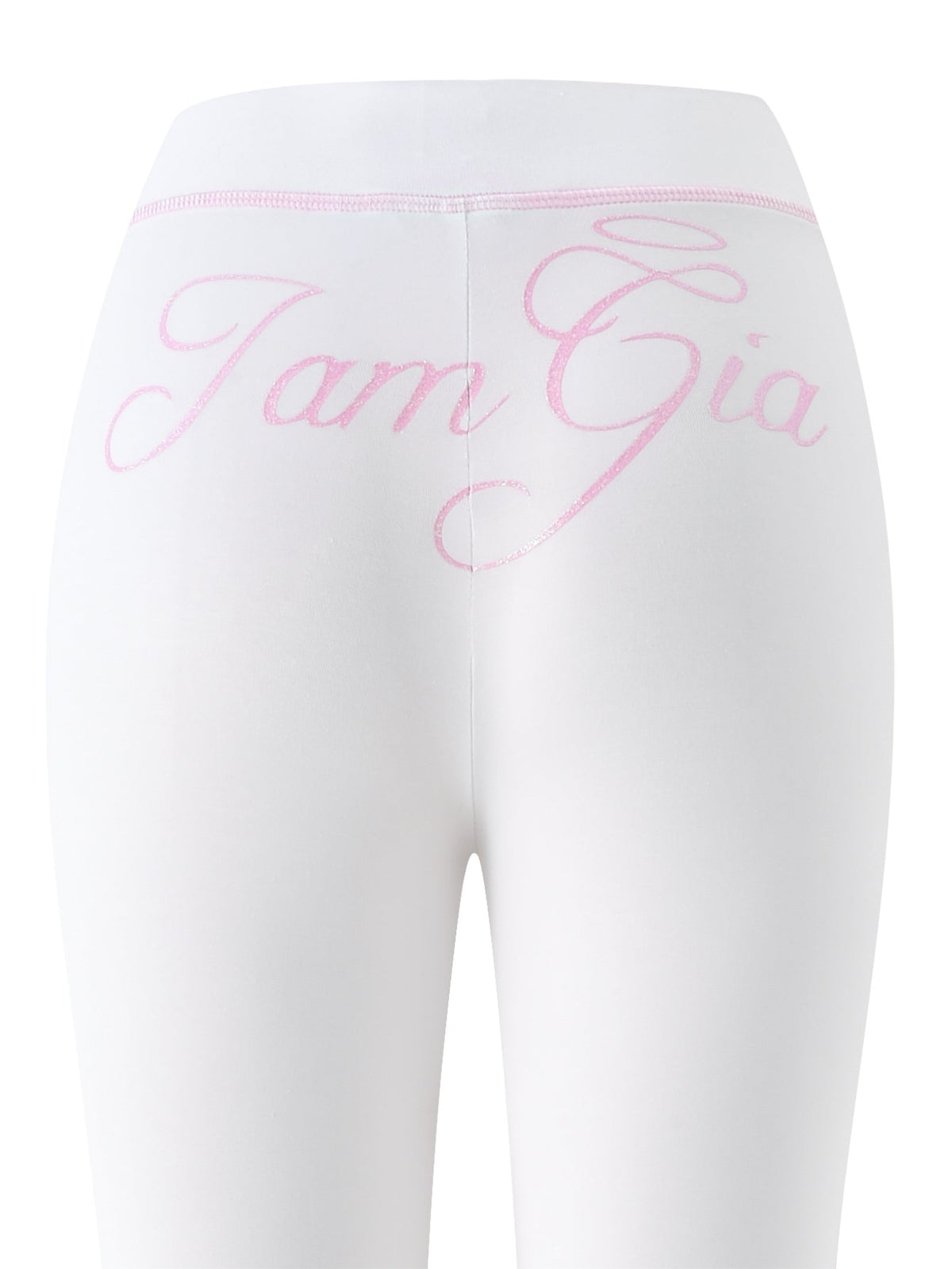 Back view of the I.AM.GIA BLARE TRACKPANT - WHITE : ANGEL, featuring a low-rise waist and “IamGia” in pink cursive across the waistband, embodying the effortless flair of flared leg pants.