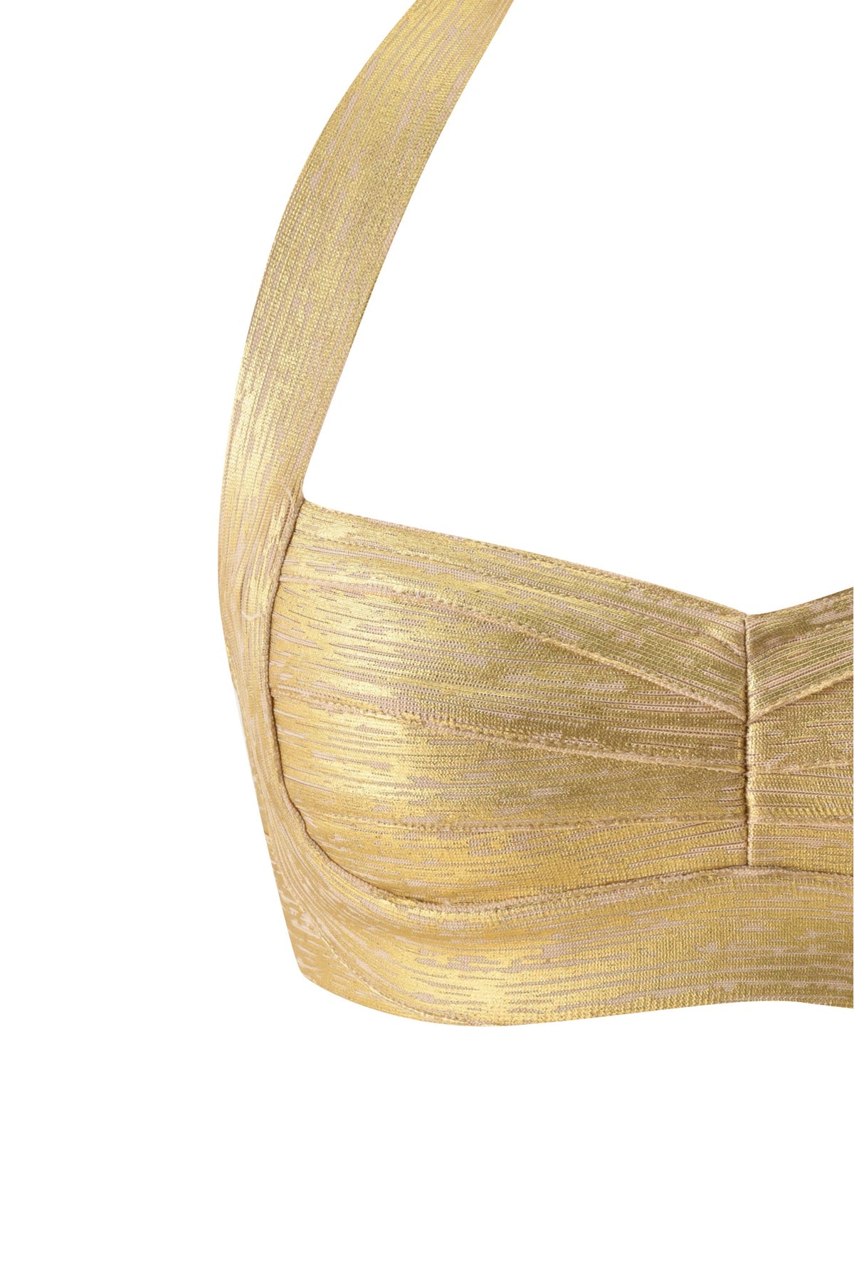 An EVA PLATINUM BANDAGE BRALETTE TOP - GOLD featuring a metallic gold finish, halter neckline, ruched bodice, and textured construction.