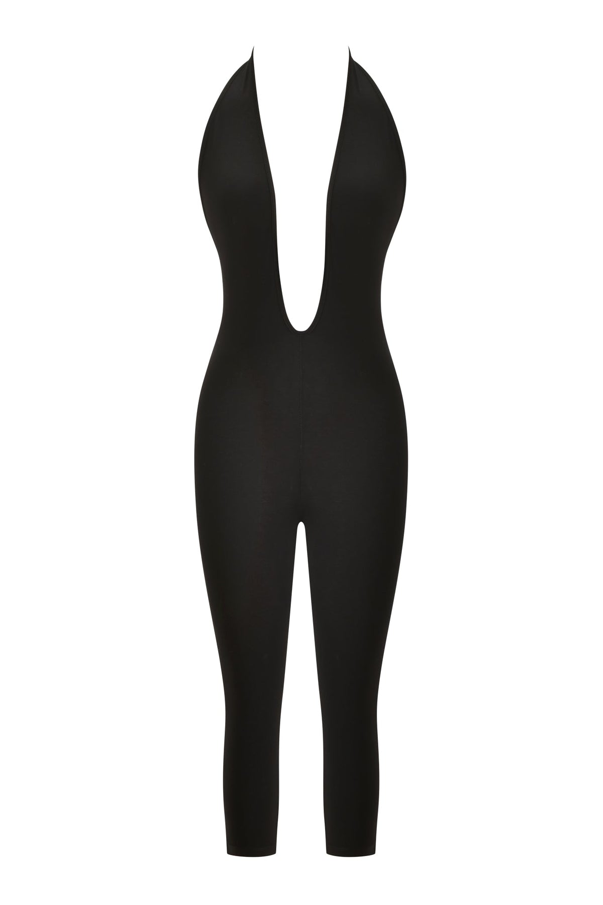 I.AM.GIA BLARE HALTER CAPRI JUMPSUIT in black, featuring a halter-neck, deep plunge neckline, and cropped legs in super-soft fabric.