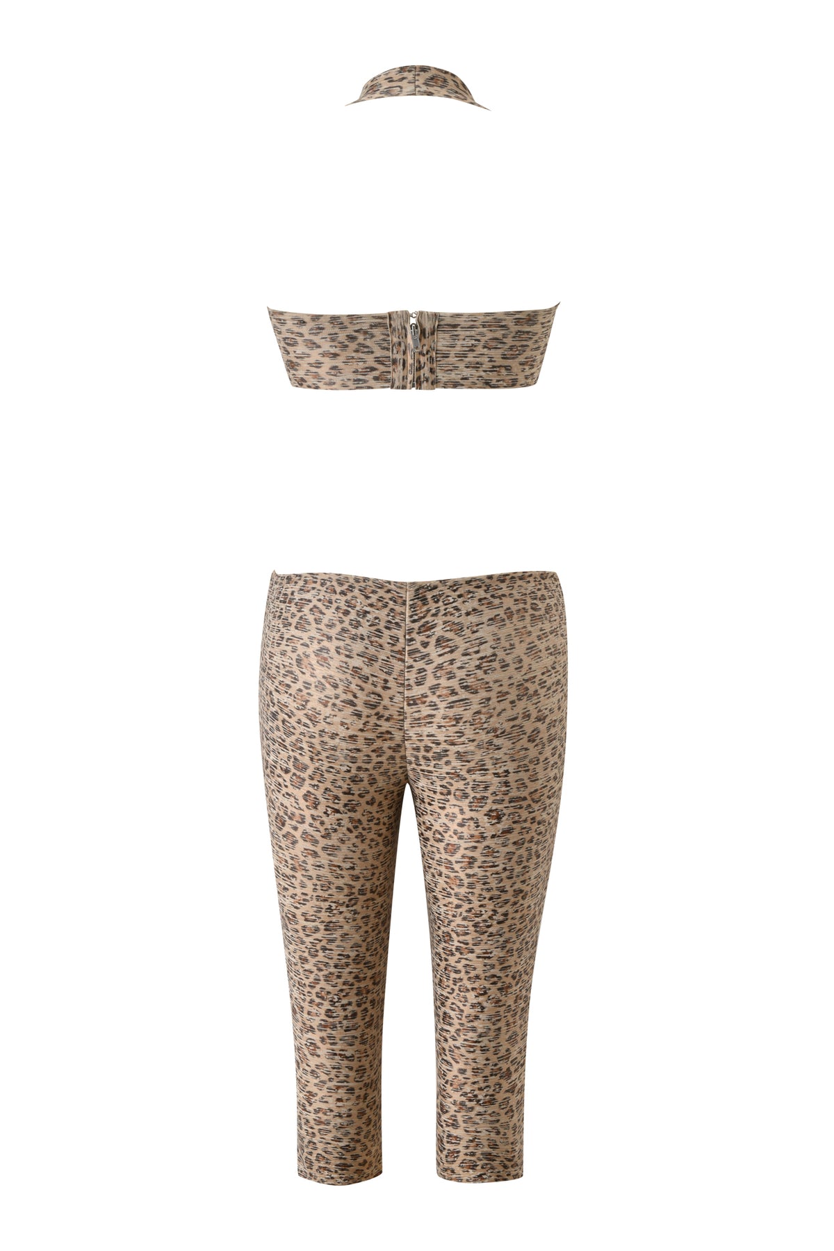 The EVA BANDAGE CAPRI JUMPSUIT - LEOPARD ANIMAL FOIL by I.AM.GIA features a strapless bandeau top, matching headband, and high-waisted capri pants in leopard print, shown from the back on a white background.