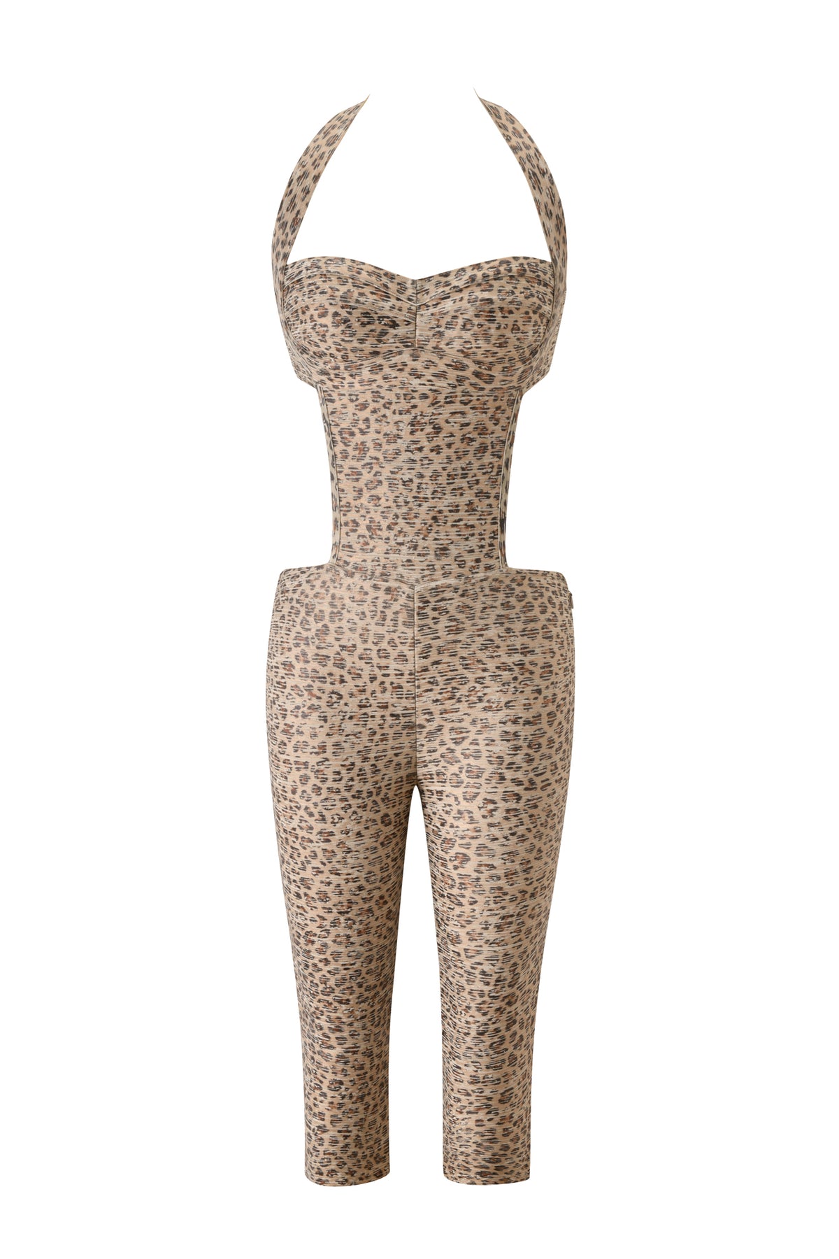 The EVA BANDAGE CAPRI JUMPSUIT - LEOPARD ANIMAL FOIL by I.AM.GIA is a sleeveless, bodycon halter jumpsuit with a fitted bodice, cropped legs, and an all-over beige and brown leopard print.