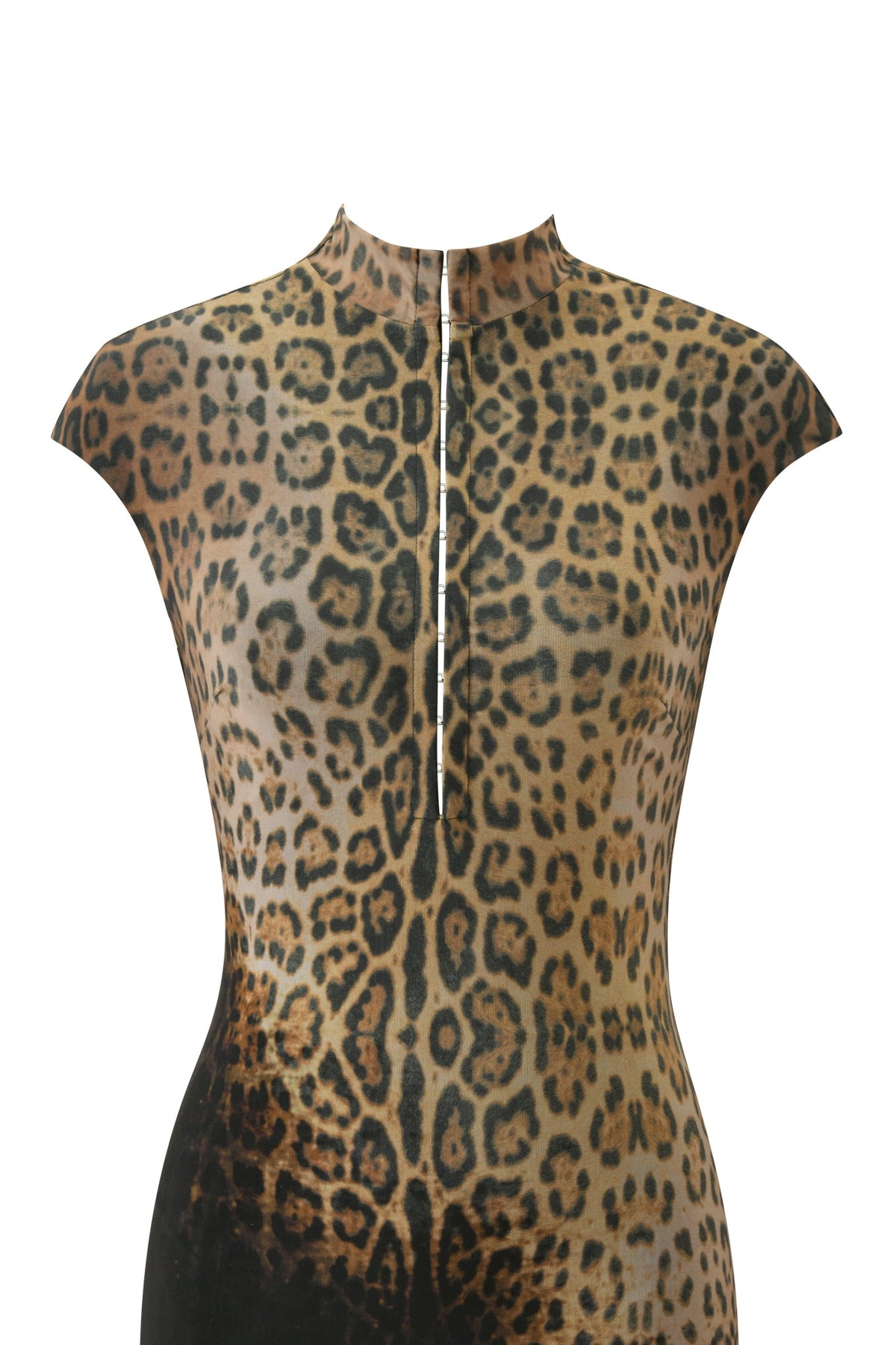 A close-up of the I.AM.GIA ZOYA MINI DRESS - BLACK LEOPARD, showcasing its high neckline, cap sleeves, and realistic leopard print pattern in shades of brown, tan, and black.