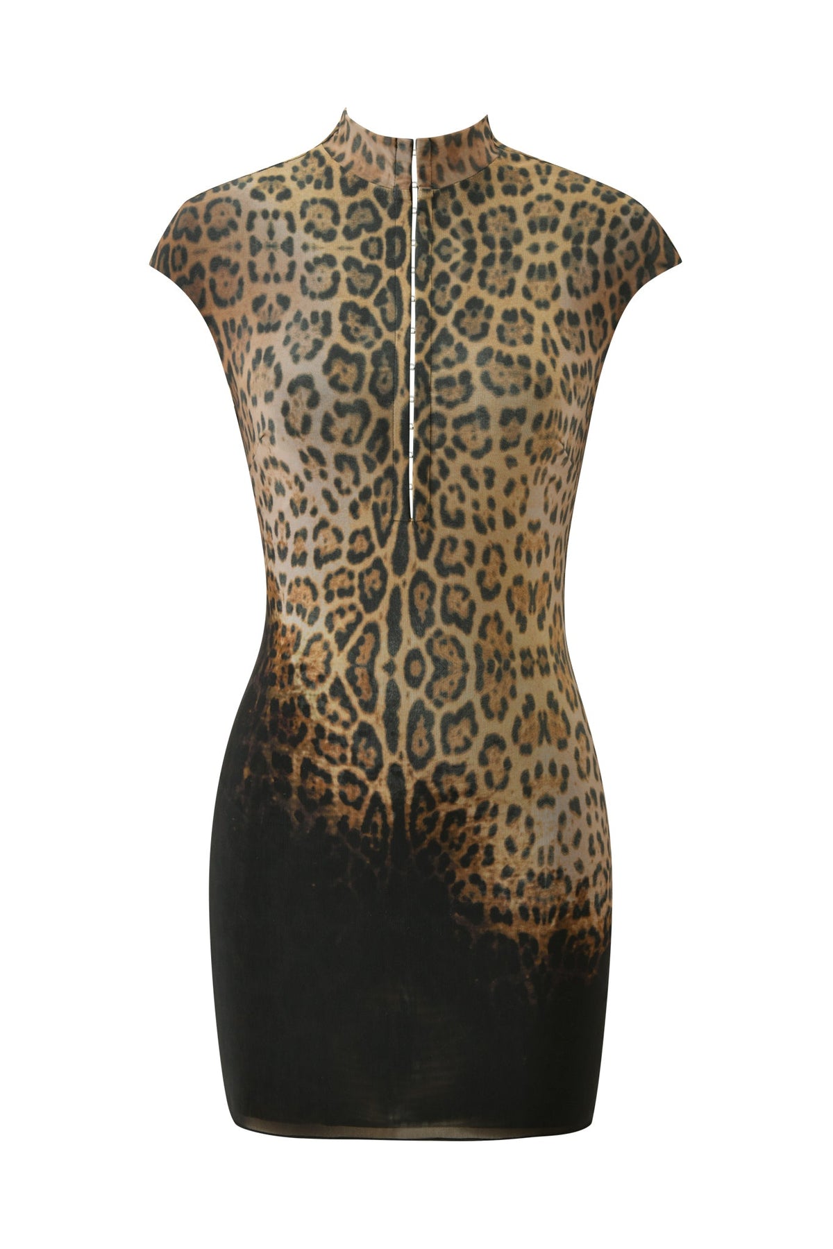 The ZOYA MINI DRESS - BLACK LEOPARD by I.AM.GIA is a sleeveless, fitted bodycon mini dress featuring a high neckline, an eye-catching black leopard print pattern, and a vertical front zipper that runs from the neck to the midsection.