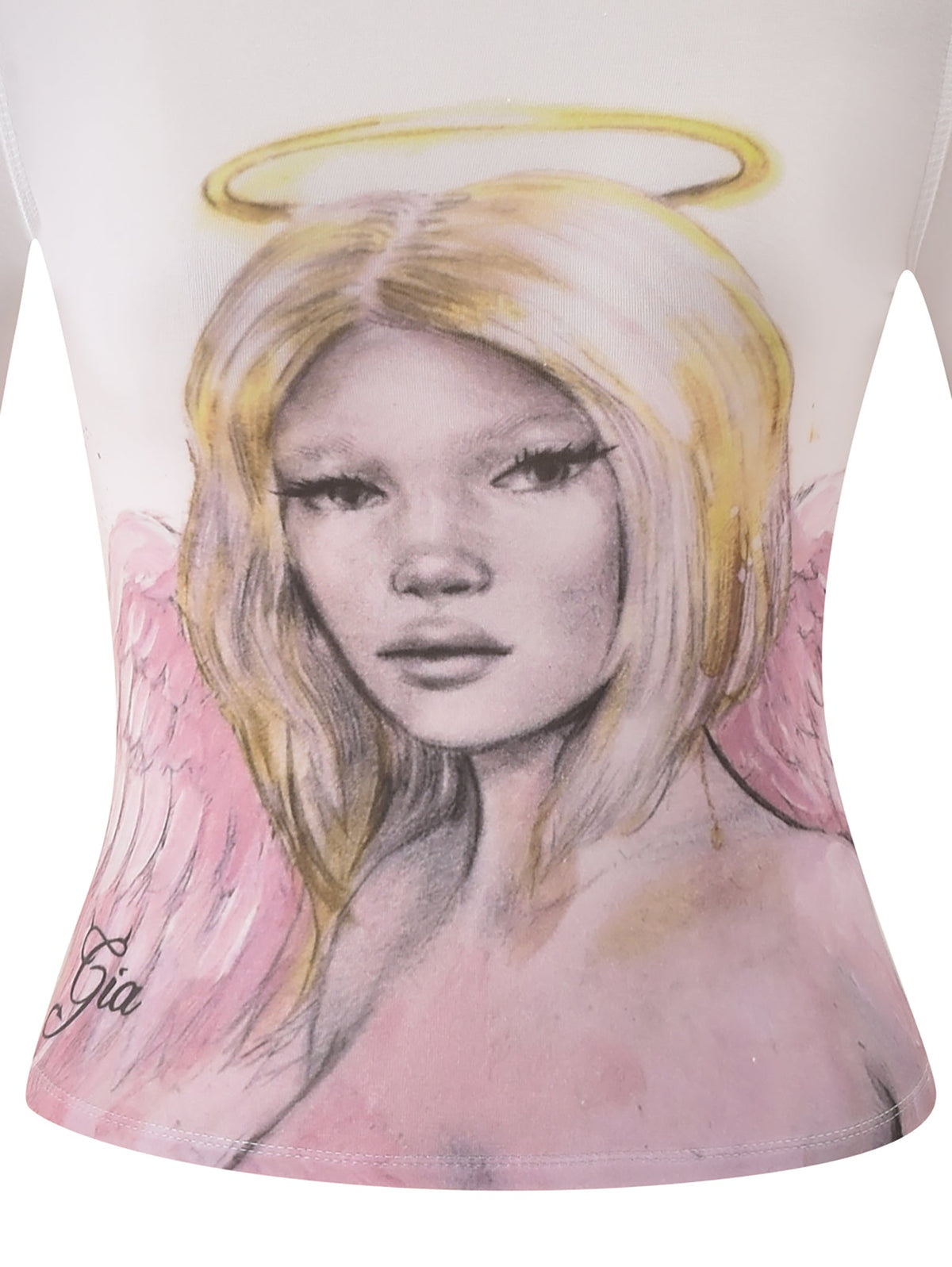 A blonde angel girl with a halo and pink wings is illustrated on the T-REX BLARE 2.0 LONG SLEEVE TEE - WHITE by I.AM.GIA, featuring her long hair, subtle makeup, calm look, and a “Gia” signature at the corner.