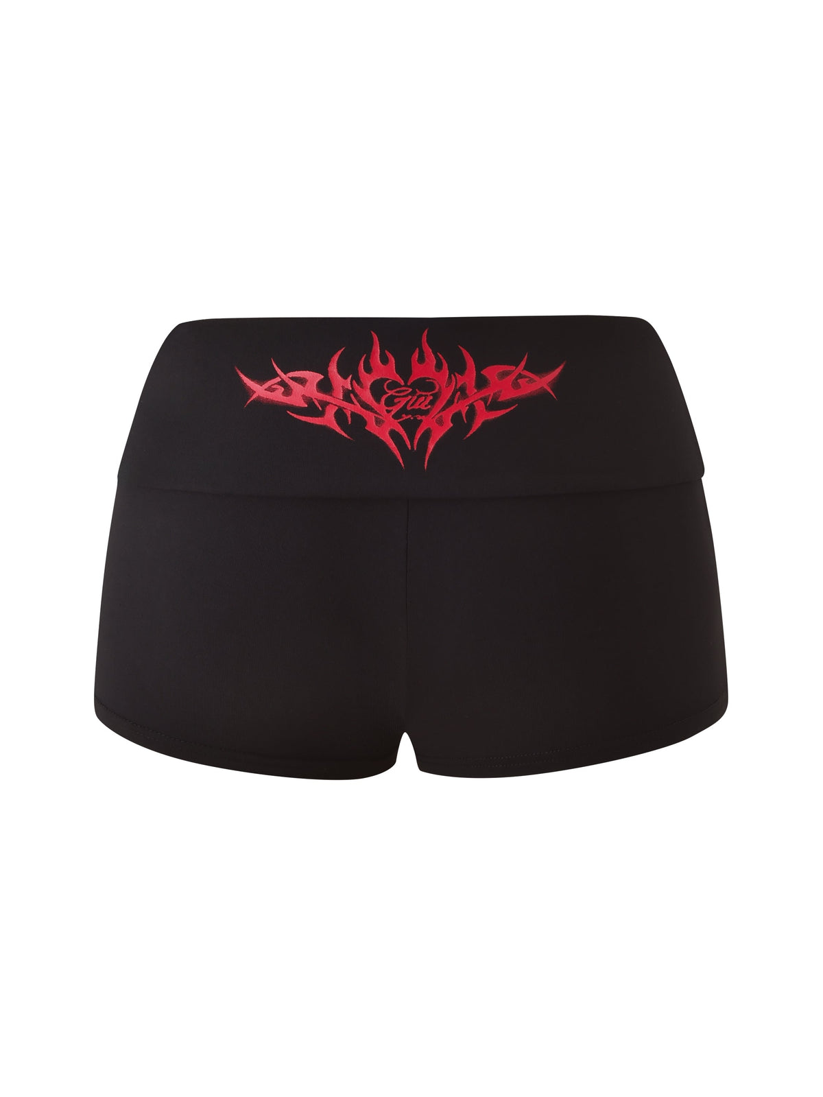 T-REX BLARE 2.0 SHORT - BLACK by I.AM.GIA features black micro mini shorts with a bold red tribal flame heart graphic and signature tribal GIA logo on the back waistband, viewed from behind on a white background.