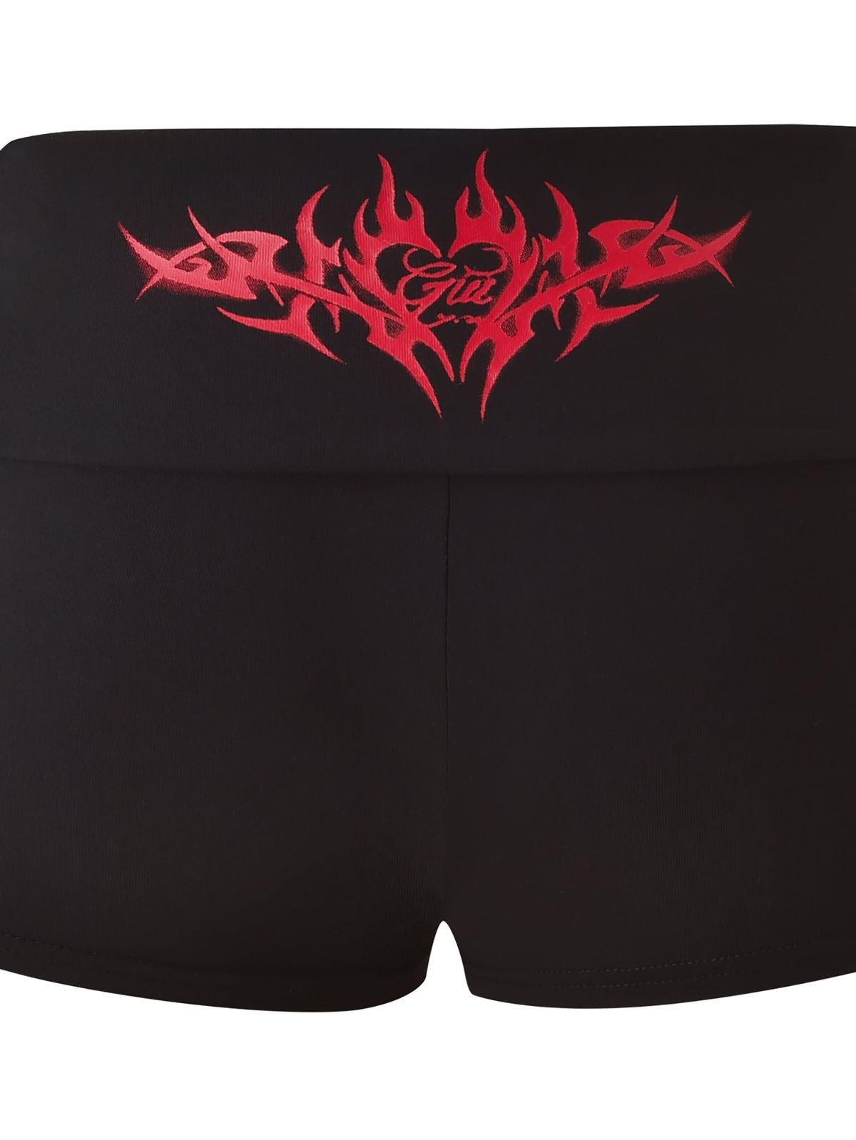 The T-REX BLARE 2.0 SHORT - BLACK by I.AM.GIA features a bold red tribal flame design and “Girl” on the foldover waistband, adding standout style to your look.