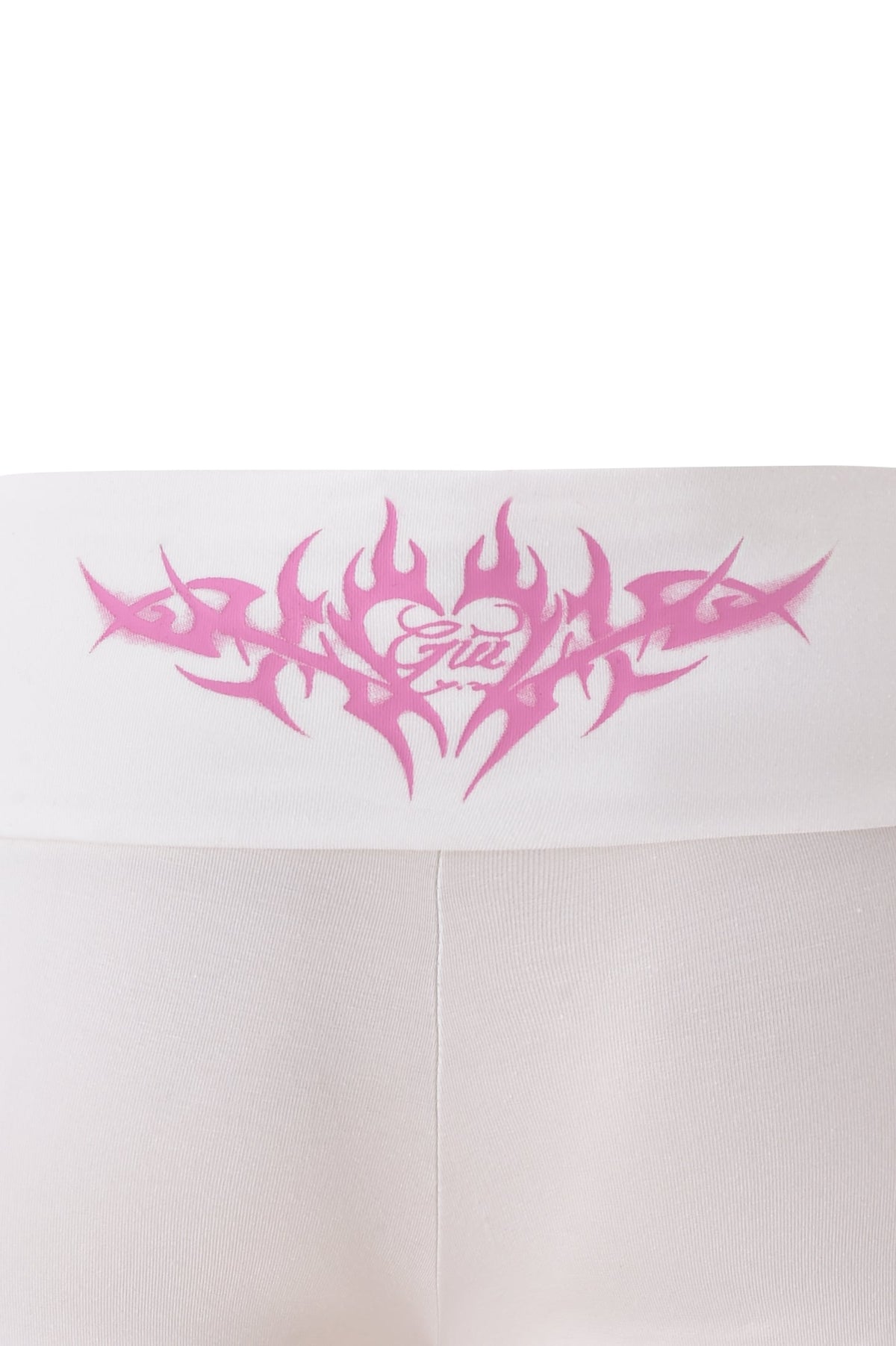 The T-REX BLARE 2.0 SHORT - WHITE by I.AM.GIA features a white foldover waistband, pink tribal-style flame print, and “girl” text above the seam—a signature I.AM.GIA Placement Print.
