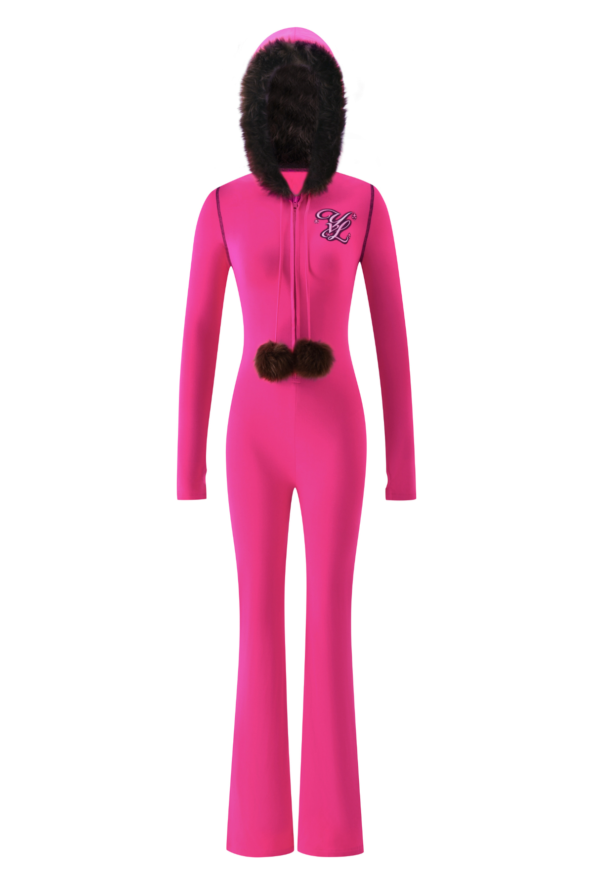 Bright pink long-sleeve YVL BLARE FUR LINED JUMPSUIT - PINK featuring a faux fur-lined hood and two faux fur pom-poms at the chest zipper.