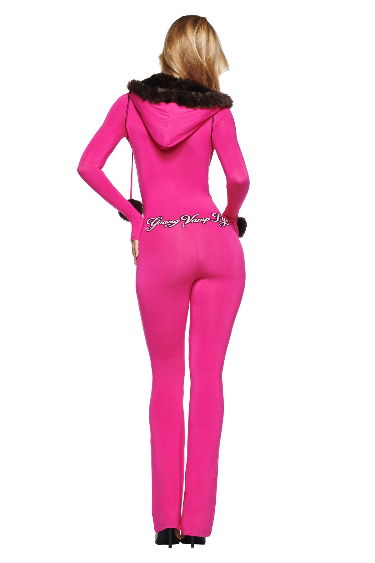 Back view of a person wearing a bright pink YVL BLARE FUR LINED JUMPSUIT with a fur-trimmed hood and the text “Young Vamp Lyfe” embroidered across the lower back.