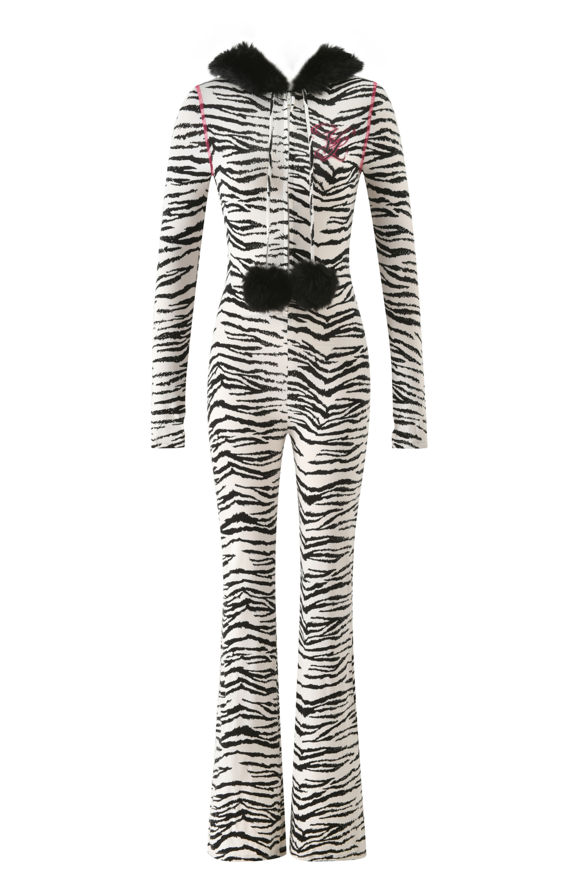 YVL BLARE FUR LINED JUMPSUIT - ZEBRA with long sleeves, a black faux fur hood, drawstring pom-poms, and pink logo embroidery.