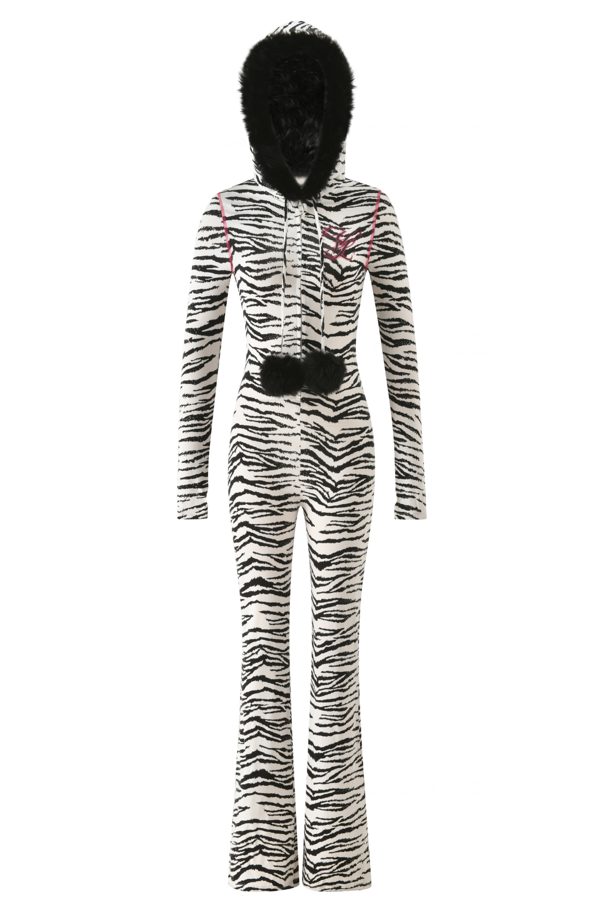I.AM.GIA YVL BLARE FUR LINED JUMPSUIT - ZEBRA featuring a zebra print, a black faux-fur-lined hood, drawstring pom-poms, and pink logo embroidery.