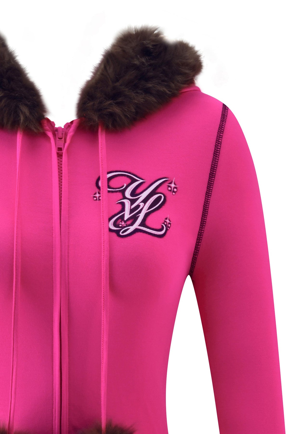 Bright pink I.AM.GIA YVL BLARE FUR LINED HOODIE - PINK featuring a brown faux fur-lined hood and an embroidered “YVL” logo on the chest.