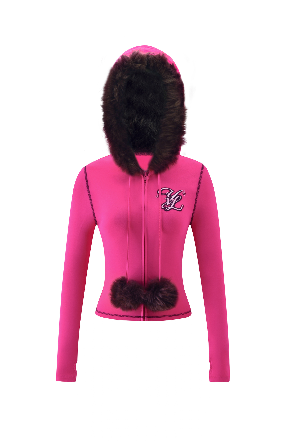 Bright pink I.AM.GIA YVL BLARE FUR LINED HOODIE featuring a dark faux fur hood trim, two faux fur pom-poms at the hem, and an embroidered logo on the chest.