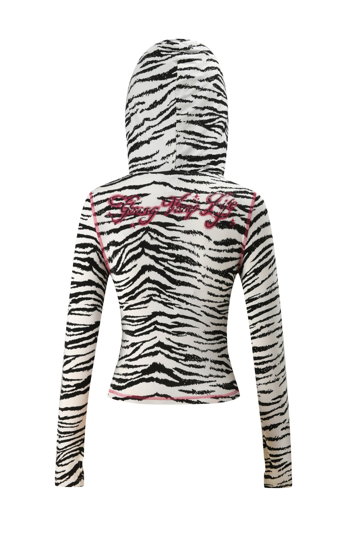 Back view of the YVL BLARE FUR LINED HOODIE - ZEBRA, featuring pink exposed stitching and “Young Thug Life” embroidered in pink across the upper back.