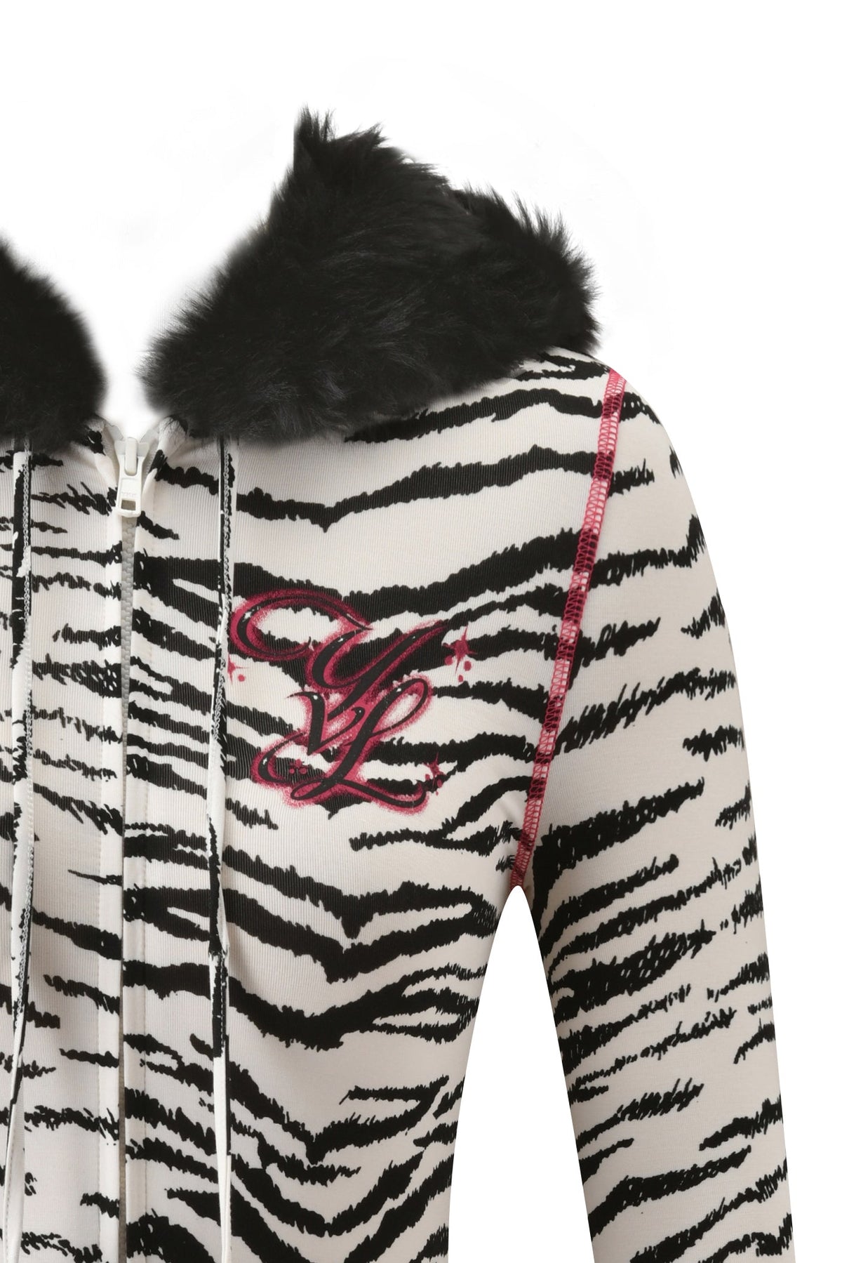 I.AM.GIA YVL BLARE FUR LINED HOODIE - ZEBRA featuring a zebra-striped zip-up design, a black faux fur-lined hood, and a pink embroidered logo on the chest.