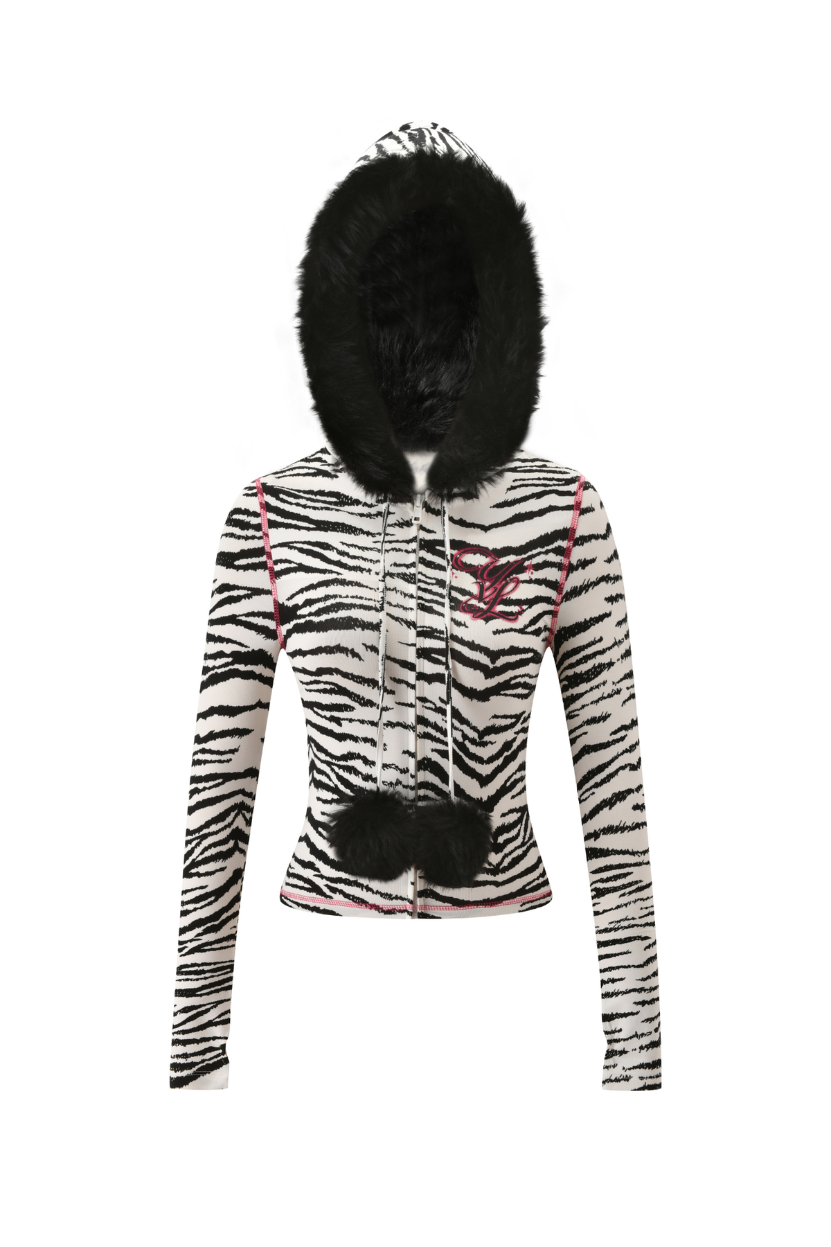 I.AM.GIA YVL BLARE FUR LINED HOODIE - ZEBRA featuring a black faux fur-lined hood, two black fur pom-poms on the drawstrings, and pink exposed stitching.