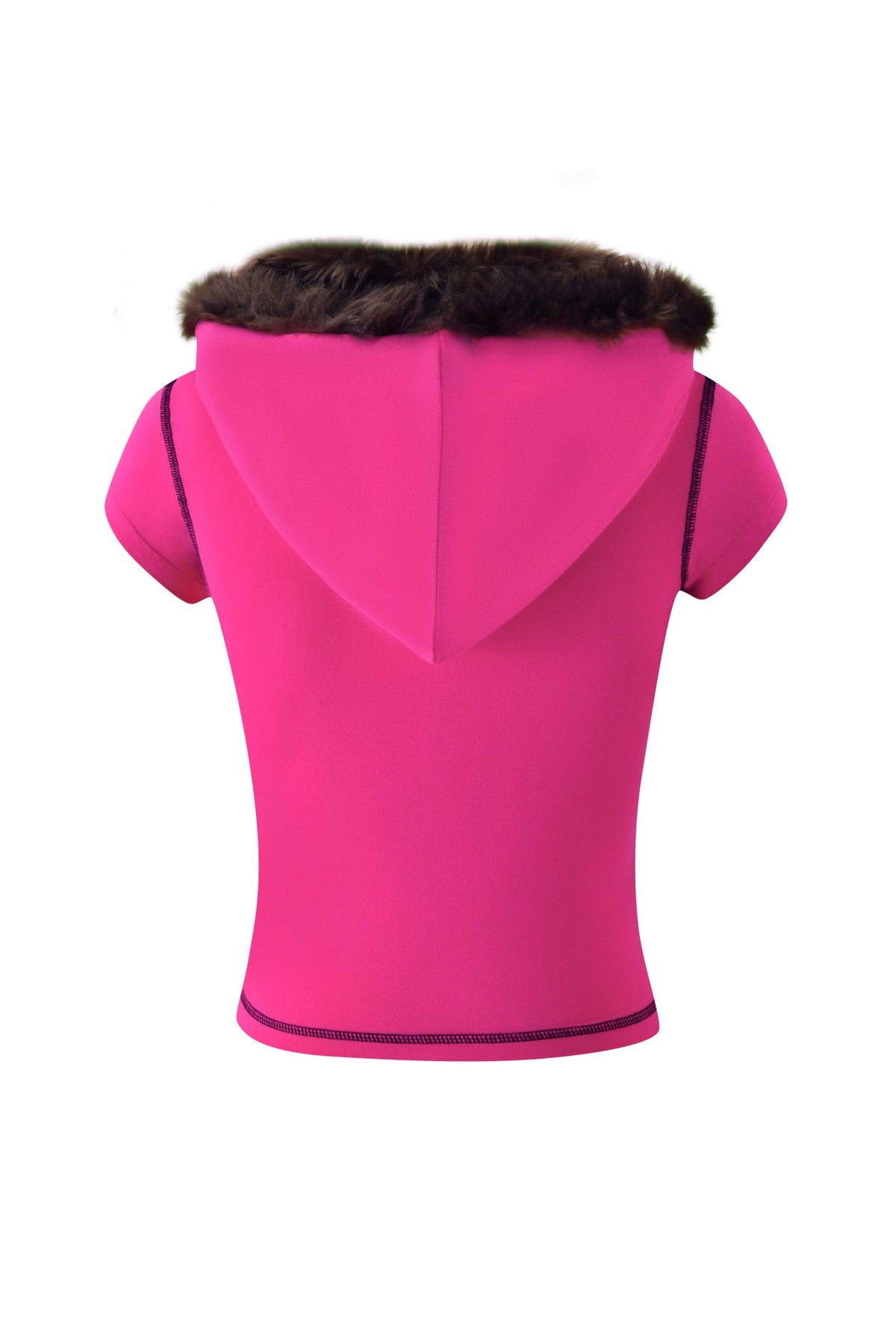 Back view of the pink YVL BLARE FUR LINED CAP SLEEVE HOODIE with a faux fur-trimmed hood.