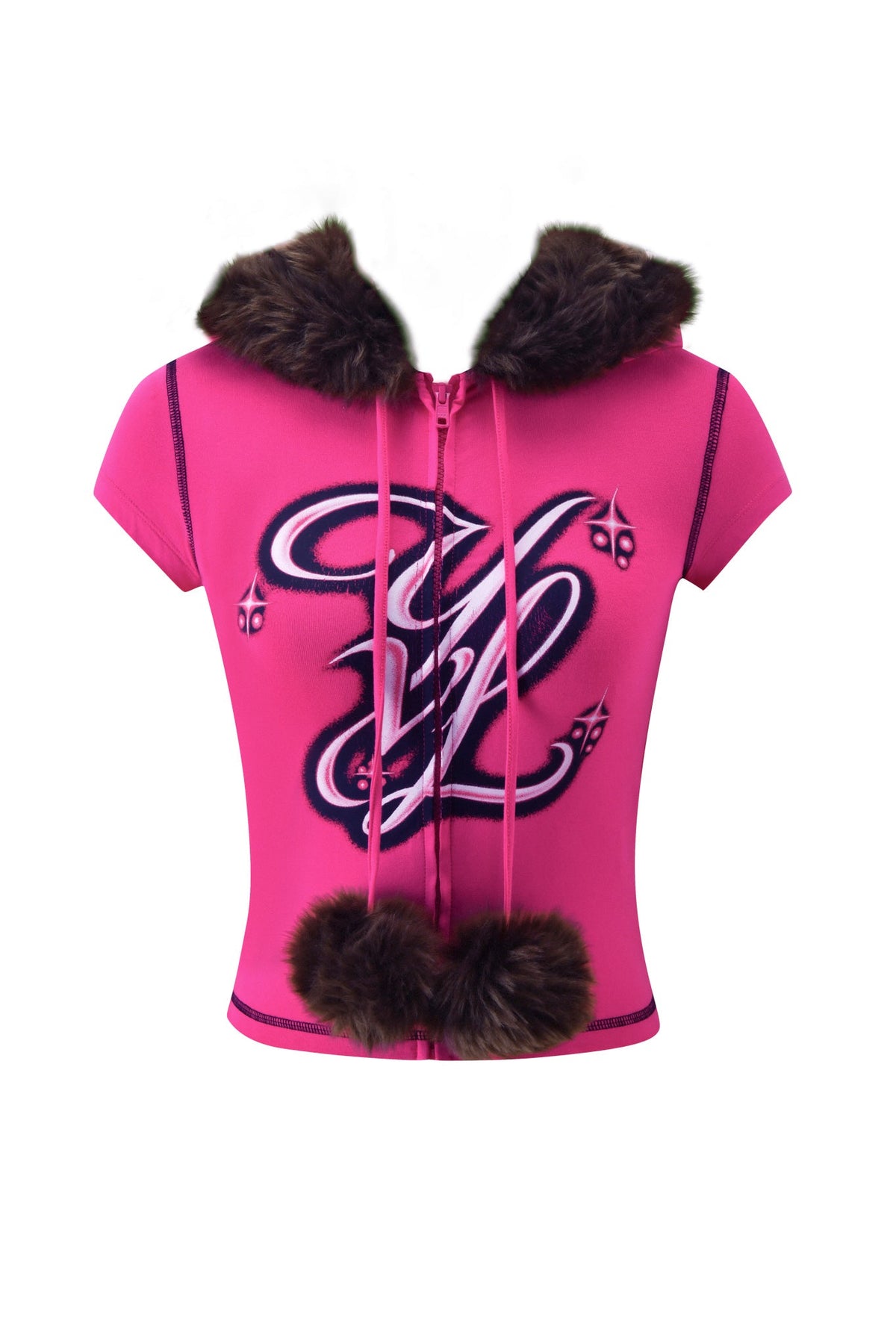 Hot pink I.AM.GIA YVL BLARE FUR LINED CAP SLEEVE HOODIE - PINK with a zip front, brown faux fur-lined hood, drawstring pom-poms, and a stylized YVL chest graphic.