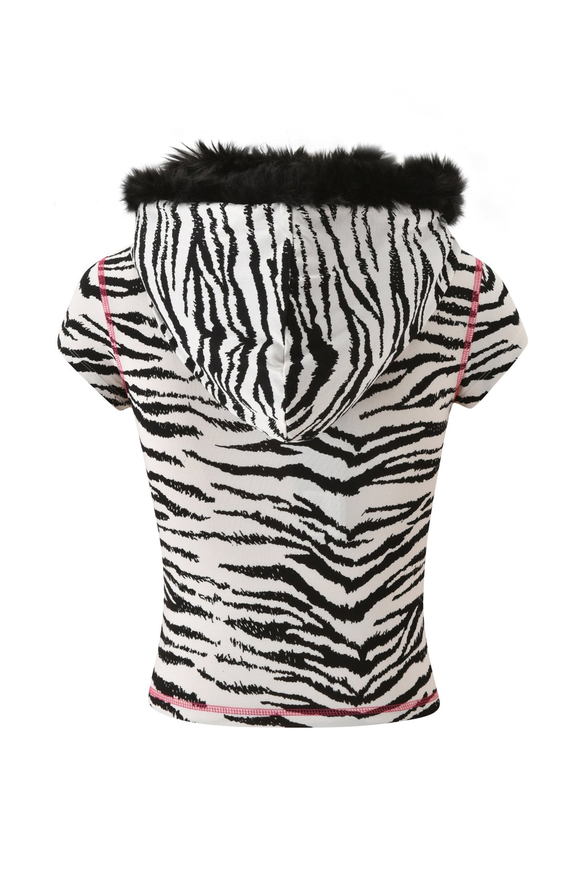 Back view of a YVL BLARE FUR LINED CAP SLEEVE HOODIE - ZEBRA with pink contrast stitching and a black faux fur-lined hood.