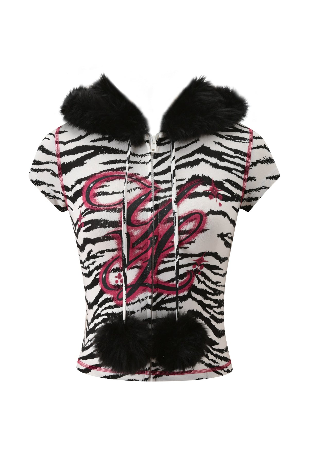YVL BLARE FUR LINED CAP SLEEVE HOODIE - ZEBRA, a short-sleeved zebra print hoodie with a black faux fur-lined hood, a large pink graphic on the front, and two black pom-poms hanging from the drawstring.