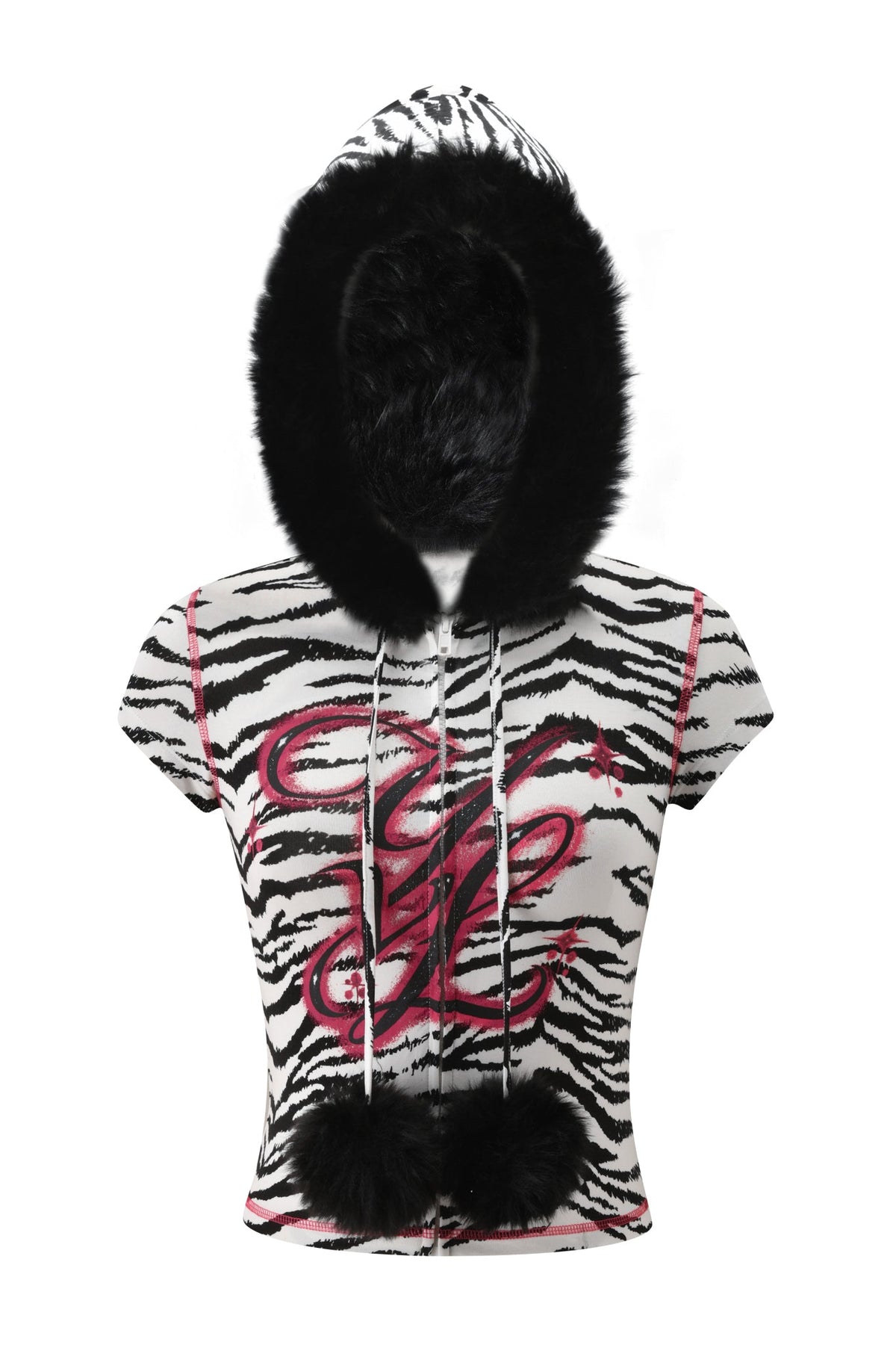 YVL BLARE FUR LINED CAP SLEEVE HOODIE - ZEBRA in a black and white zebra print with a black faux fur-lined hood, two black pom-poms at the hem, and a red graphic logo on the chest.